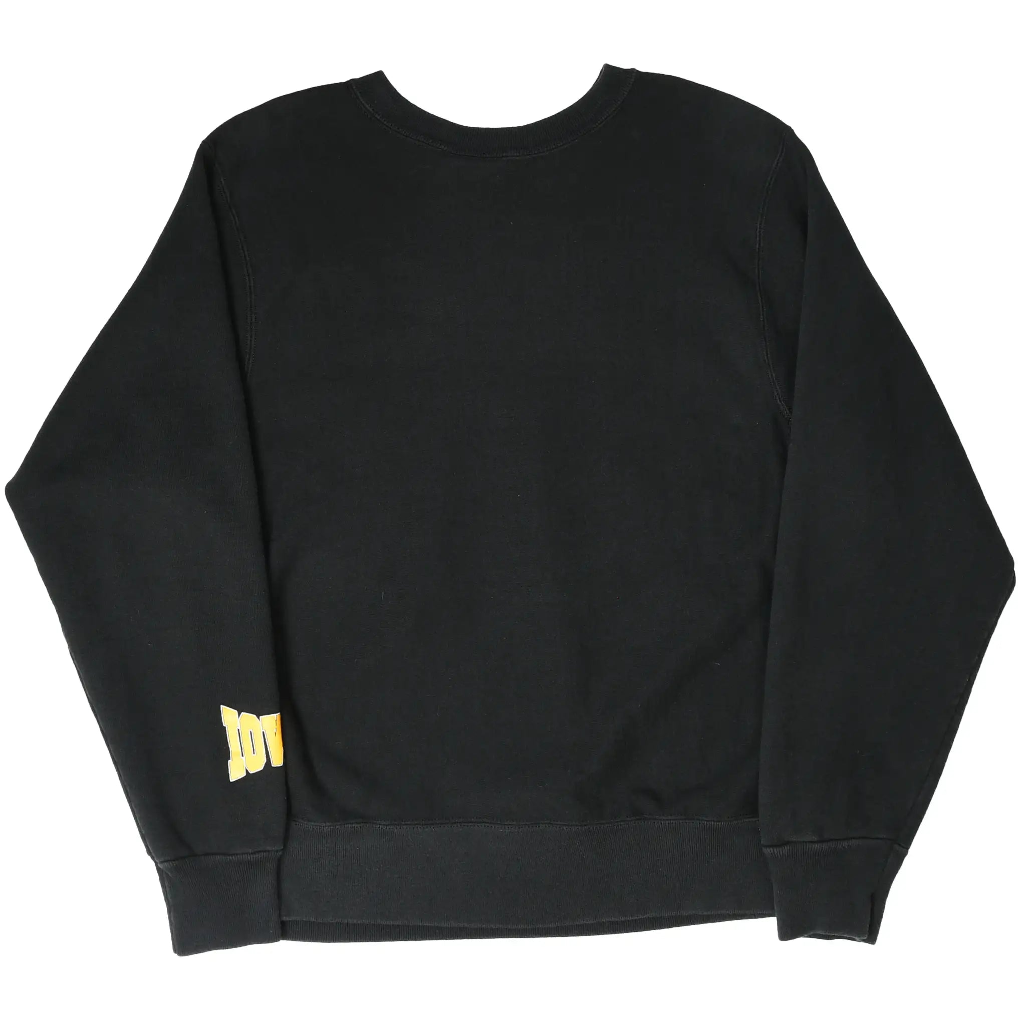 Back of black University of Iowa Hawkeyes sweatshirt with small gold Iowa sleeve print