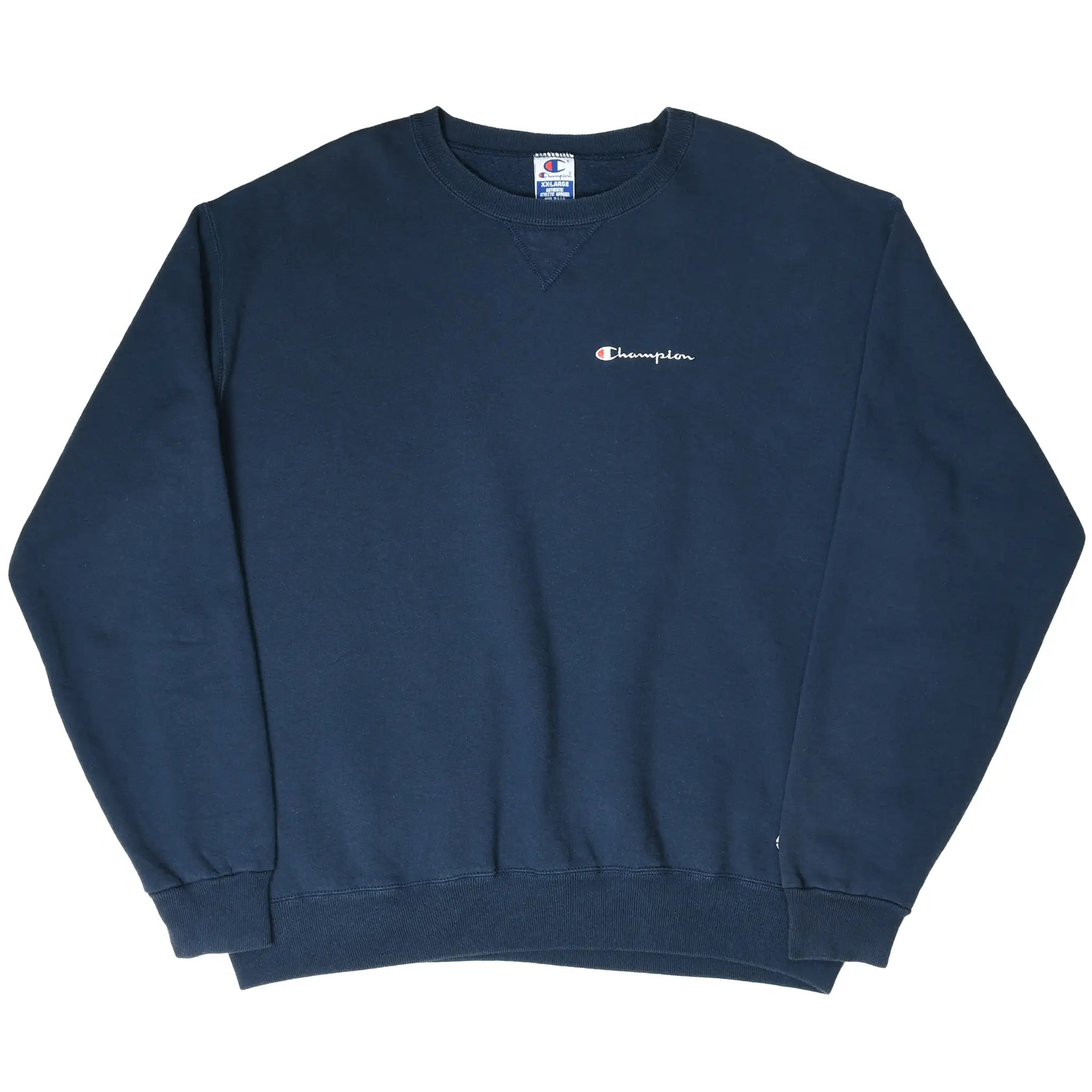 Full front view of navy blue Champion sweatshirt with embroidered chest logo