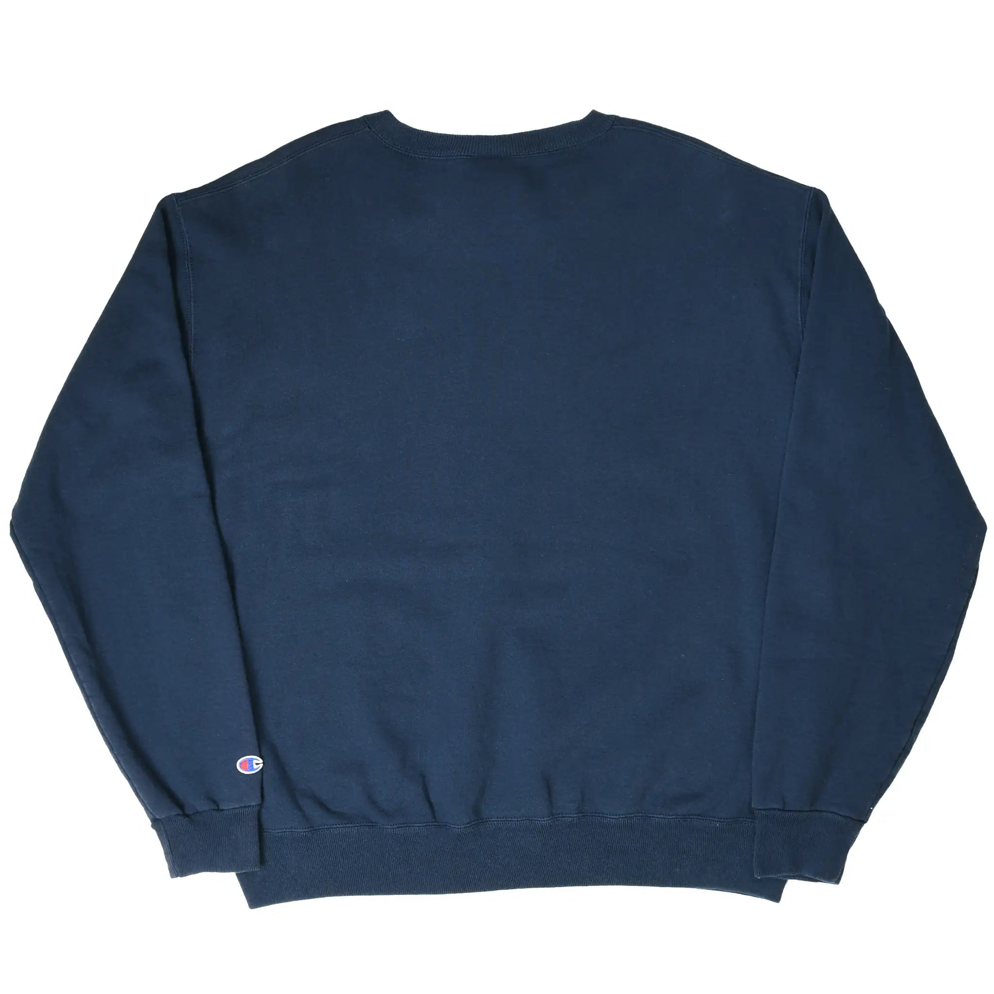 Back of navy blue Champion crewneck sweatshirt with small sleeve logo