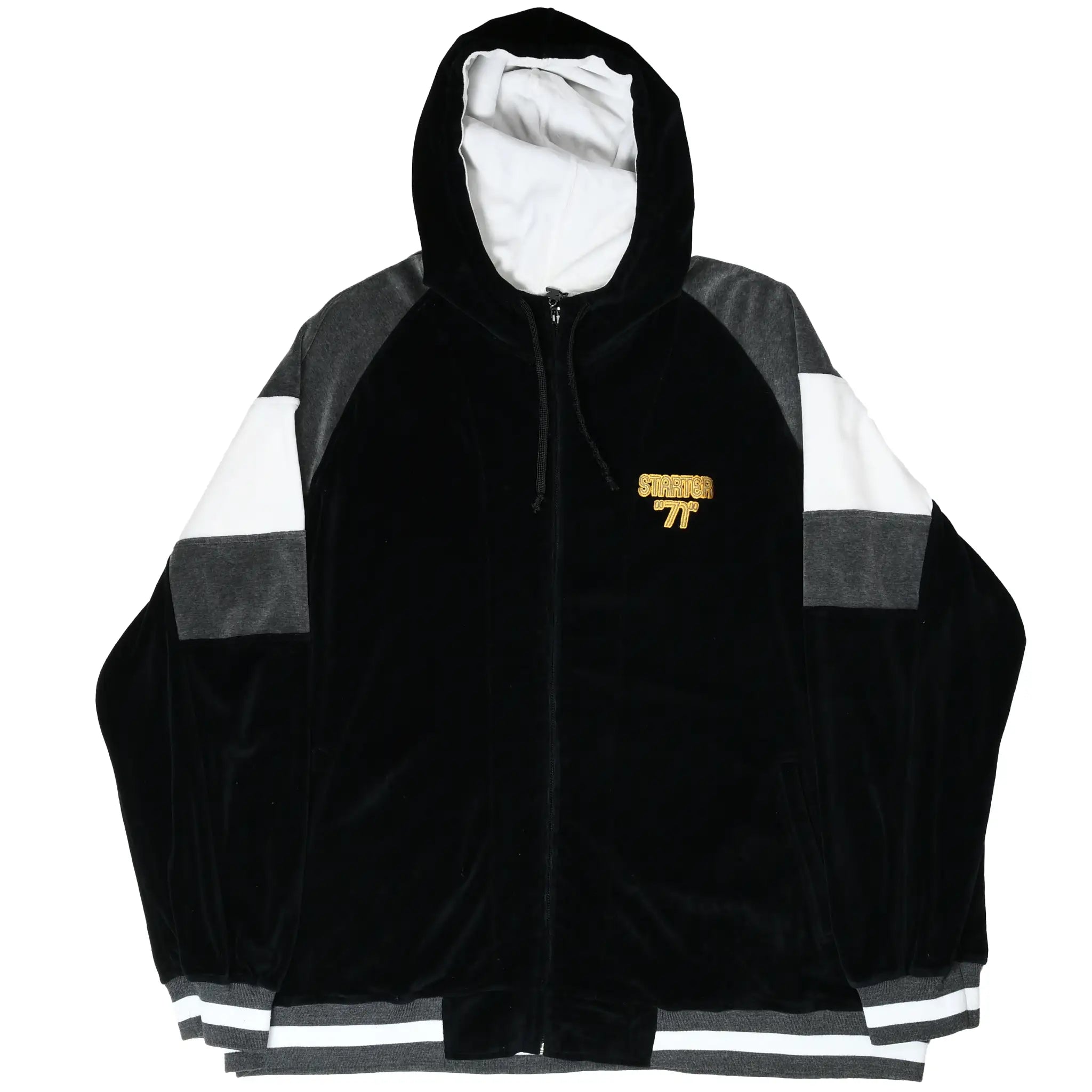 Front view of black Starter velvet zip hoodie with hood, color-block sleeves, and gold 71 embroidery
