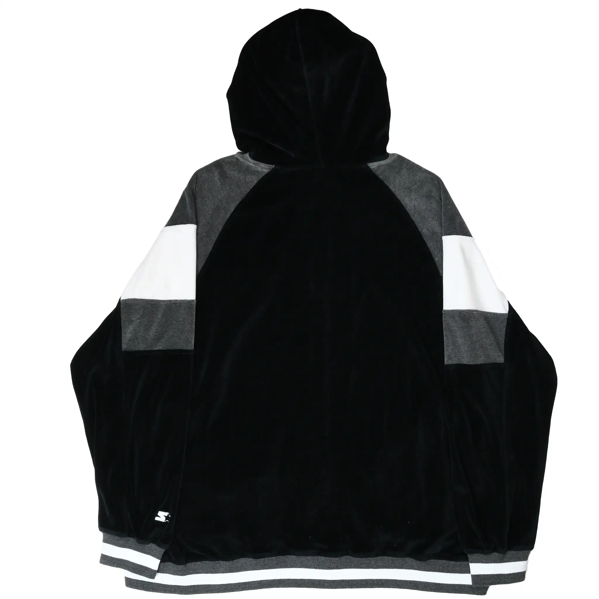 Back of black Starter velvet hoodie with gray and white sleeve panels and striped ribbed trim