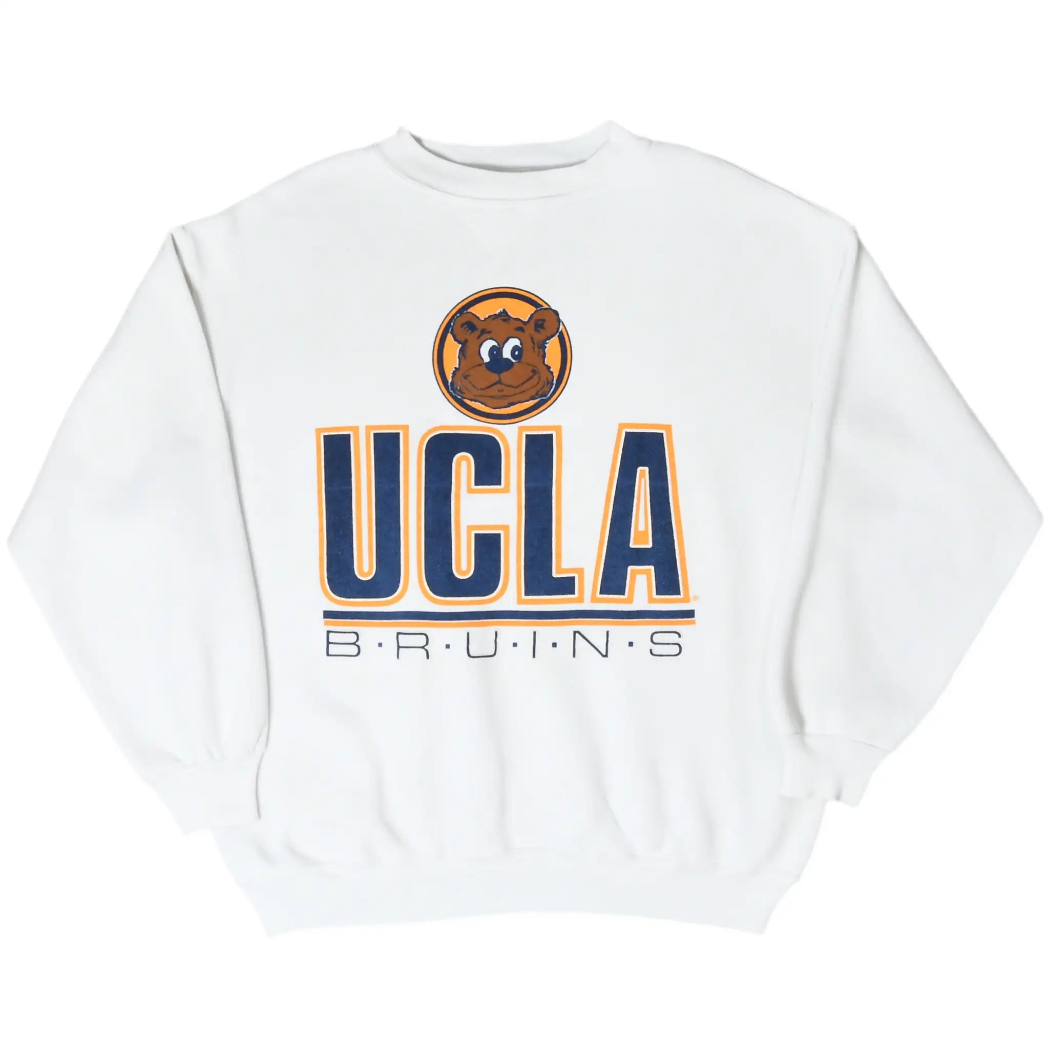 Front of white UCLA Bruins sweatshirt with bear mascot and navy-and-gold lettering