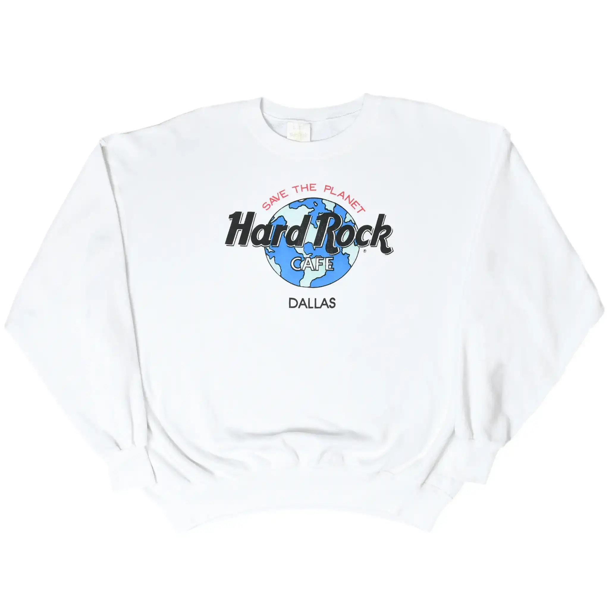 Full front view of white Hard Rock Cafe Dallas sweatshirt with globe graphic