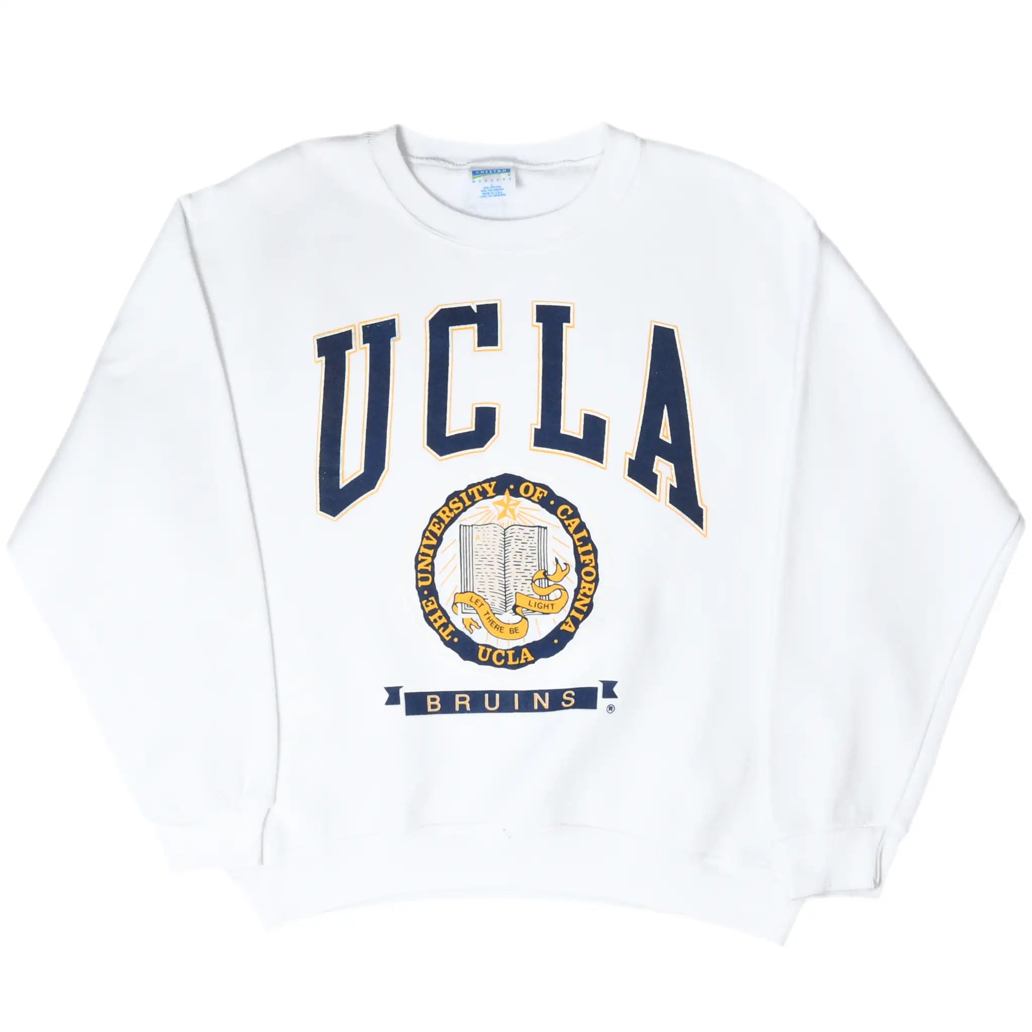 Full front view of white UCLA Bruins sweatshirt with university seal print
