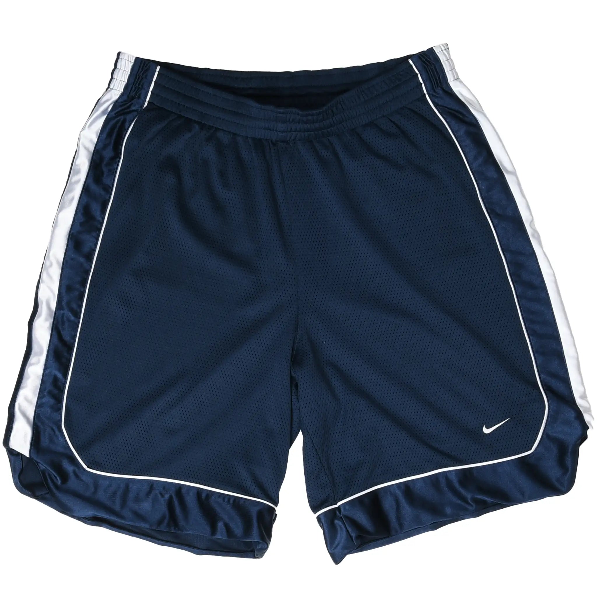 Front of navy blue Nike basketball shorts with white side panels, piping, and Swoosh