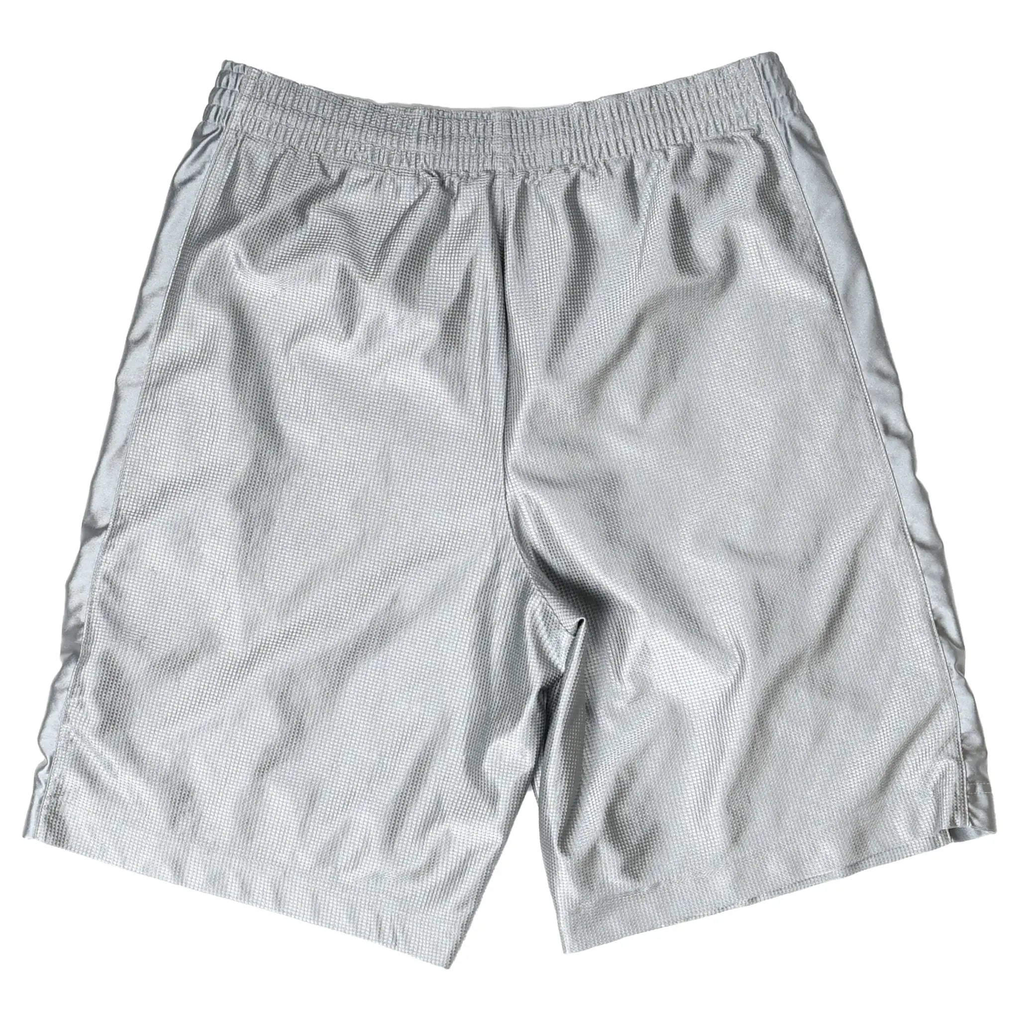 Back of silver Nike basketball shorts with elastic waistband