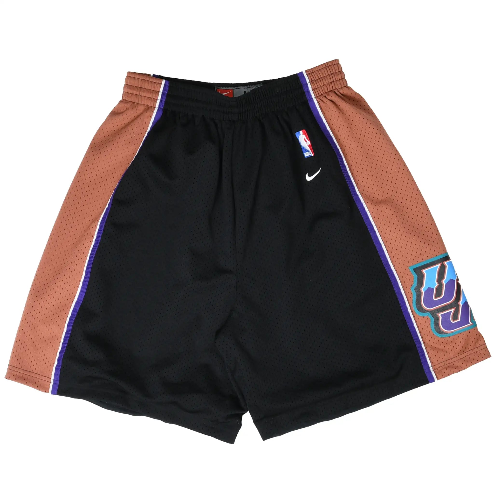 Front of Nike Utah Jazz NBA shorts in black and copper with purple trim