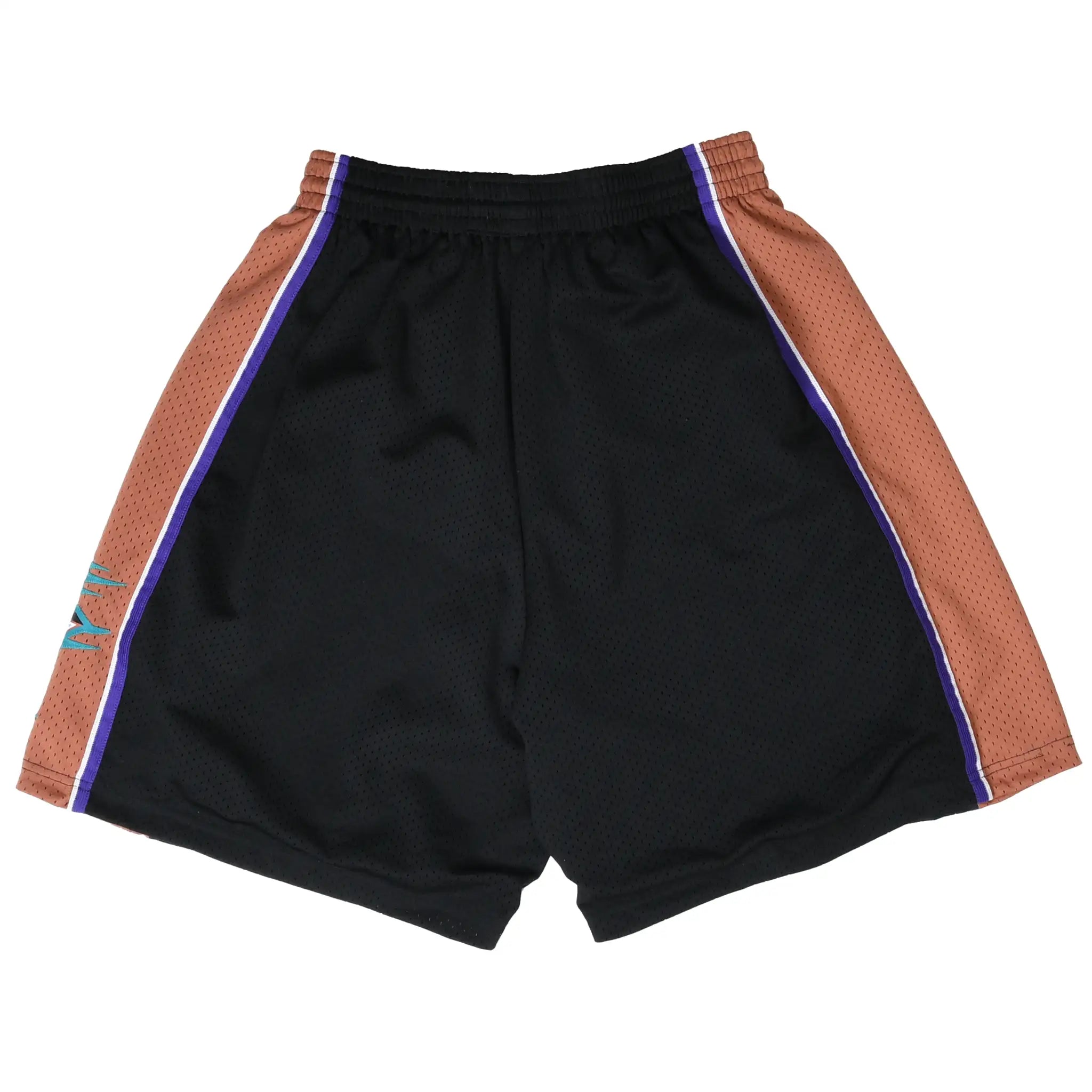 Back of Nike Utah Jazz NBA shorts in black and copper with purple trim