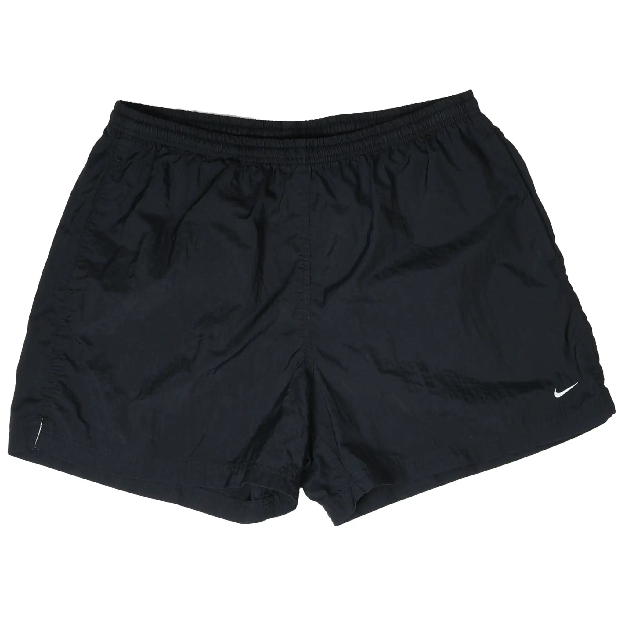 Front of black Nike women's running shorts with white Swoosh embroidery