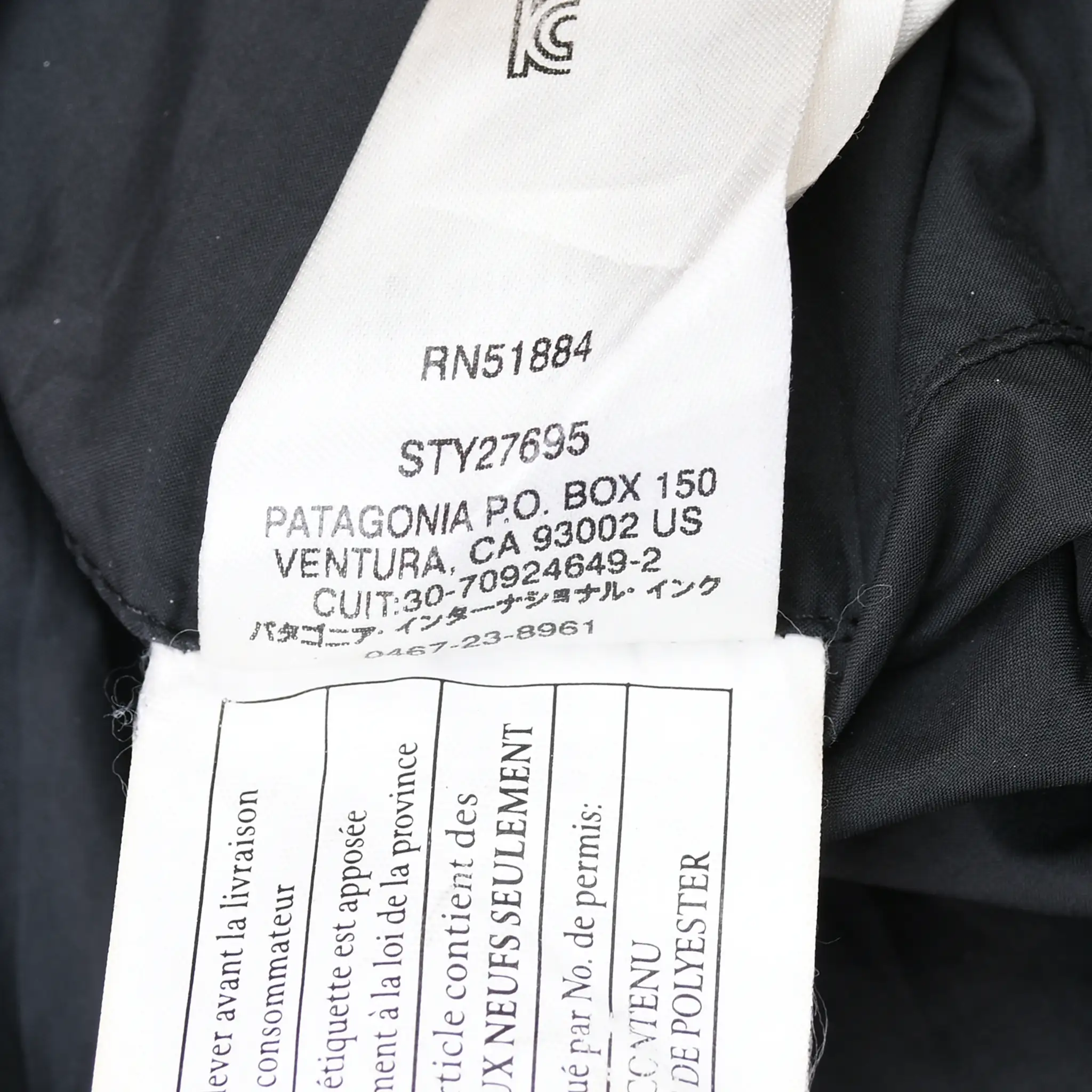 Patagonia care label showing Radalie parka style STY27695