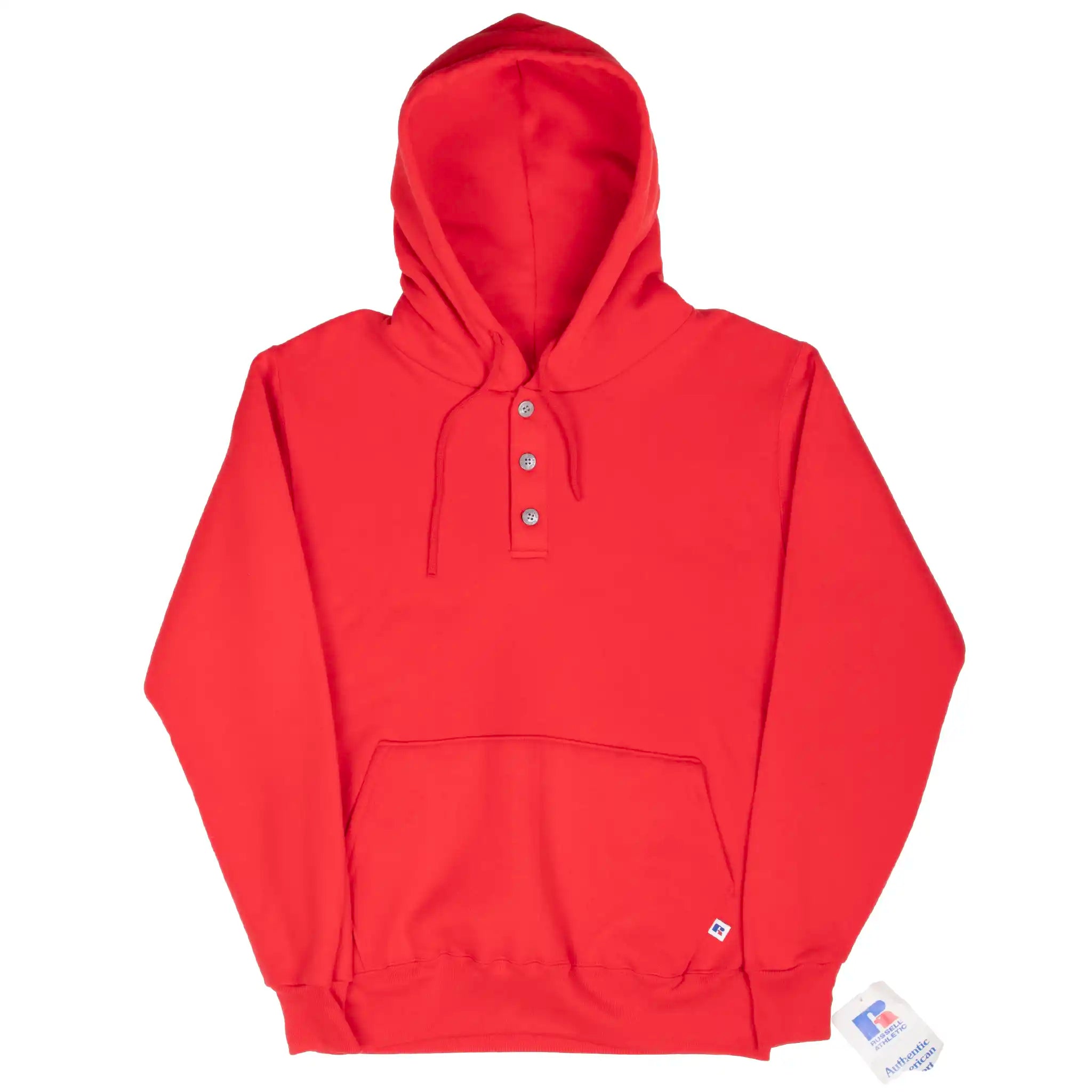 VINTAGE RUSSELL RED HENLEY BLANK HOODIE SWEATSHIRT 1990S MEDIUM USA DEADSTOCK