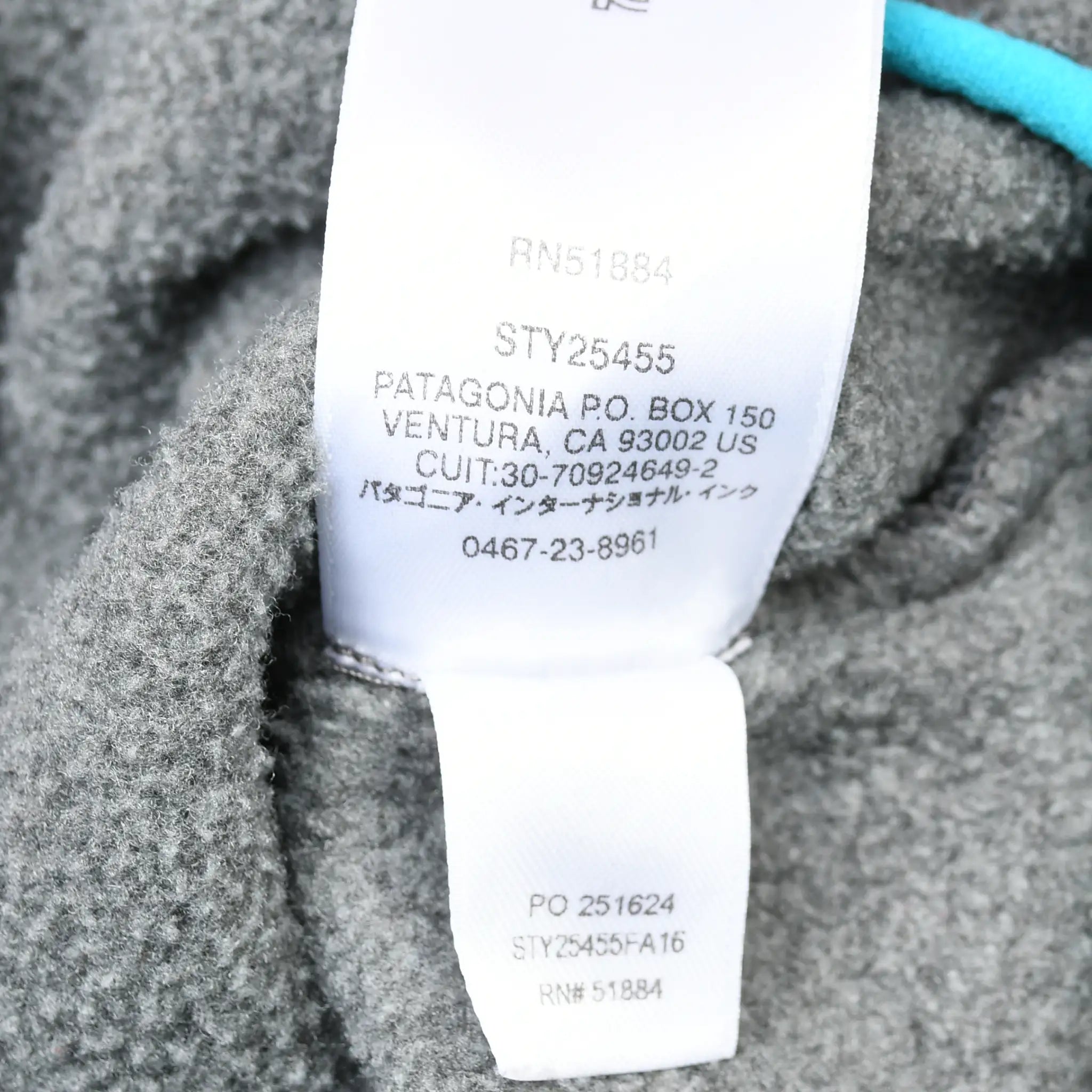Interior Patagonia care label showing style STY25455