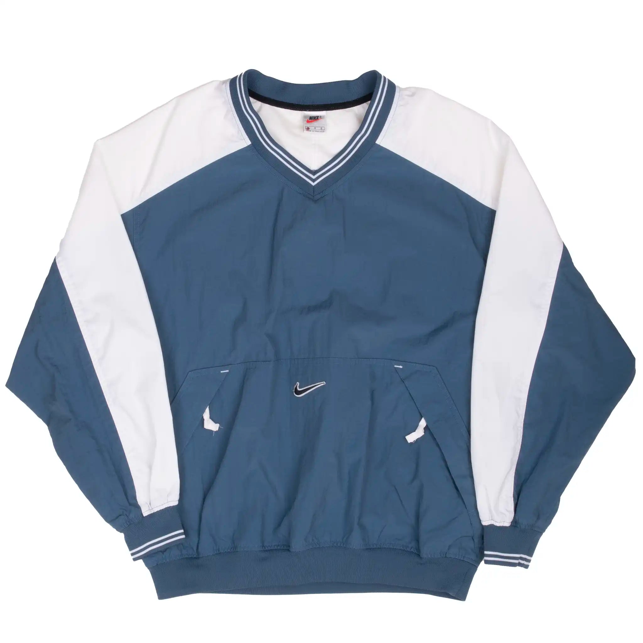 VINTAGE NIKE CENTER SWOOSH BLUE WHITE PULLOVER WINDBREAKER JACKET 1990S LARGE