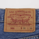 Beautiful Indigo Levis 501 Jeans 1980s Made in USA with Medium Wash.  Size on tag 36X36 Actual Size 36X34 Back Button #553