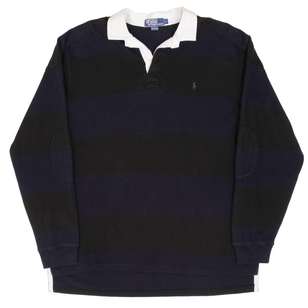 VINTAGE POLO RALPH LAUREN BLACK & BLUE RUGBY POLO STRIPE 1990S SIZE LARGE