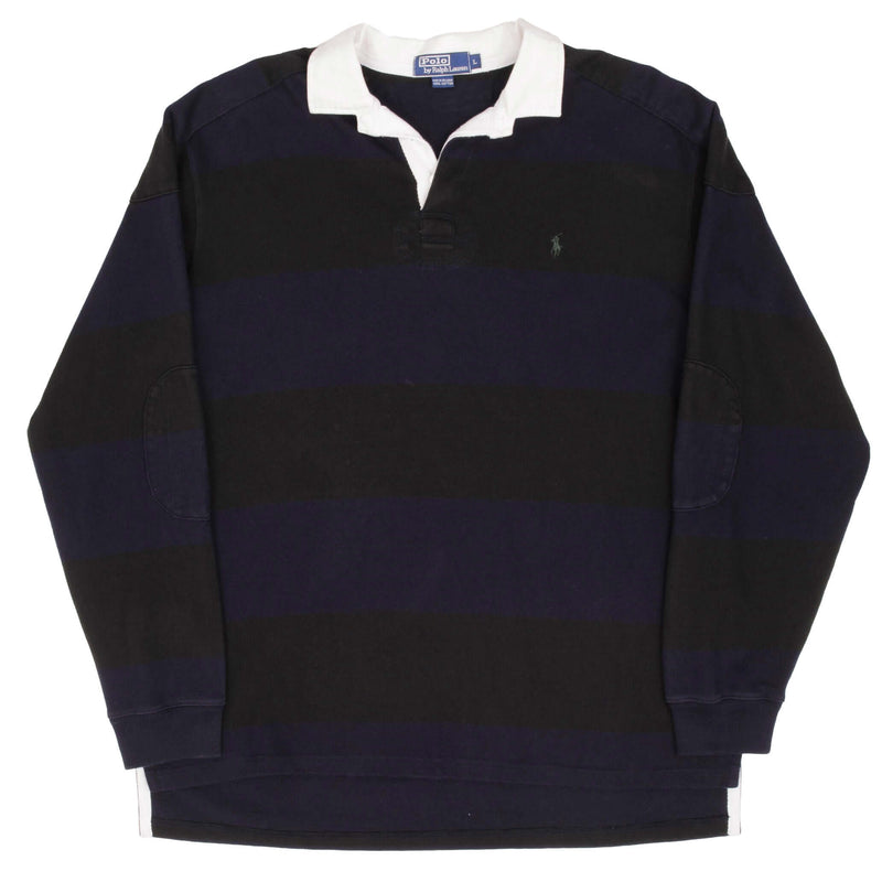 VINTAGE POLO RALPH LAUREN BLACK & BLUE STRIPE RUGBY POLO SHIRT 1990S SIZE LARGE