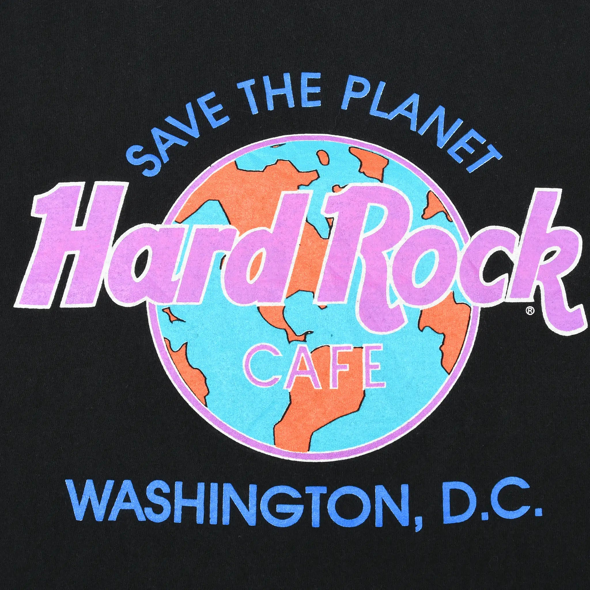 Close-up of colorful Save the Planet Hard Rock Cafe Washington, D.C. globe print