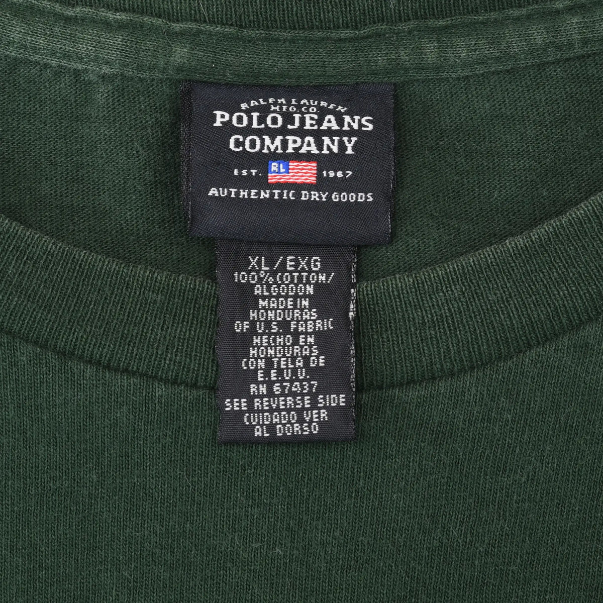 Ralph Lauren Polo Jeans Company neck and size XL tags on green T-shirt