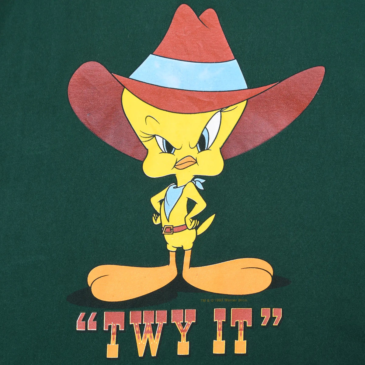 Close-up of cowboy Tweety and “TWY IT” front graphic