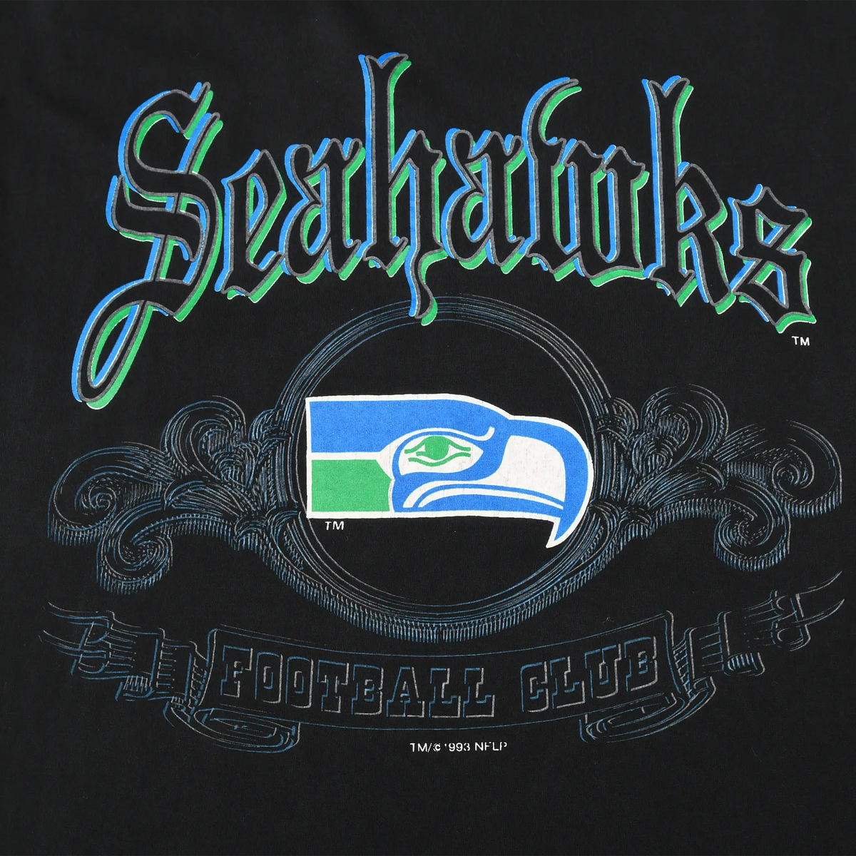 Seattle Seahawks logo and Football Club front print in blue, green, gray, and white