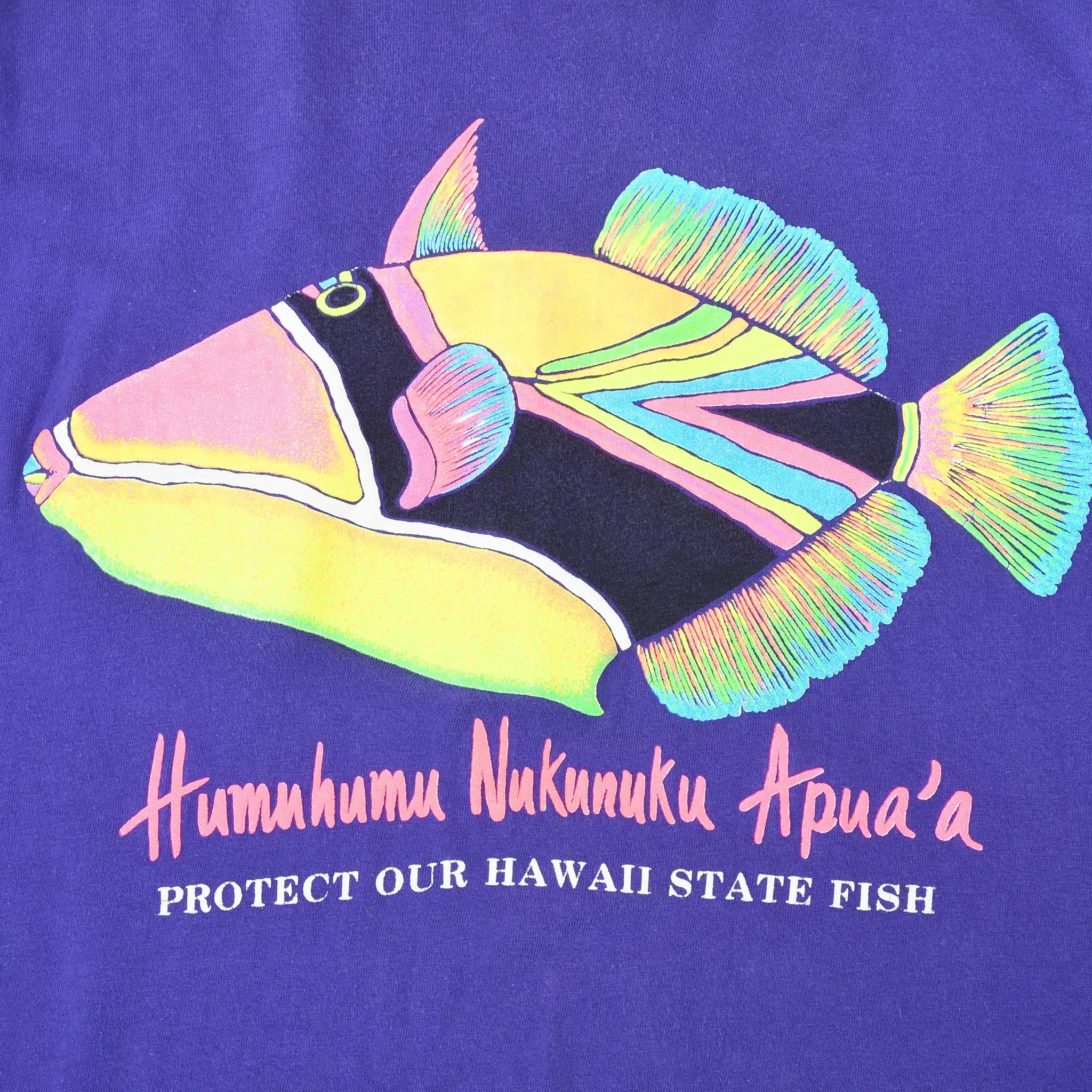 Close-up of colorful Humuhumu Nukunuku Apua'a graphic and Protect Our Hawaii State Fish text