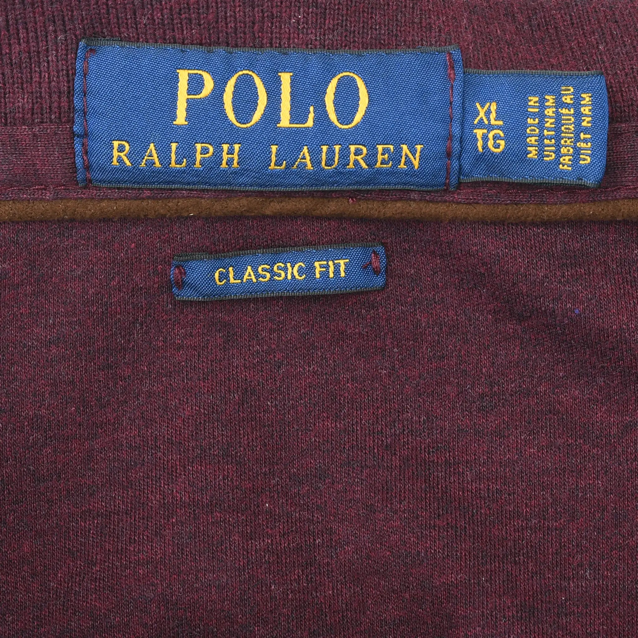 Polo Ralph Lauren XL neck label and Classic Fit tag on burgundy fabric