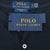 Polo Ralph Lauren neck label, medium size tag, and hangtag on navy Henley shirt
