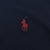 Close-up of red Polo Ralph Lauren pony embroidery on navy fabric