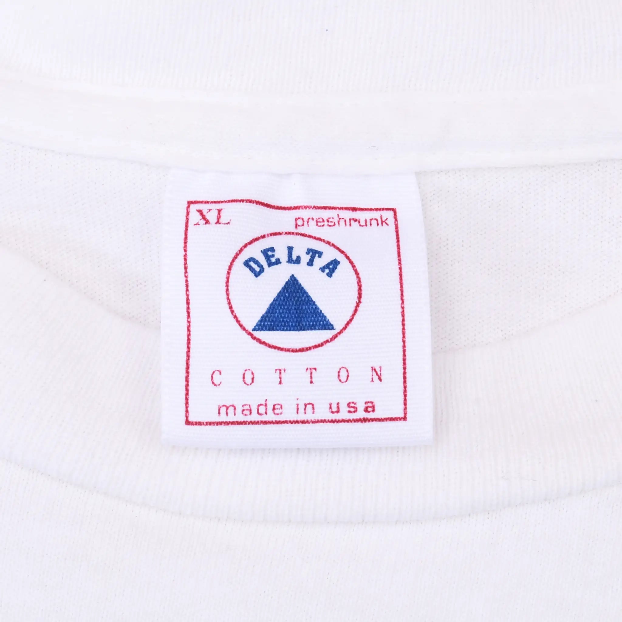 Delta neck tag marked XL, preshrunk cotton and made in USA