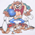 Close-up of Taz holding a blue bowling ball amid pins and broken wood