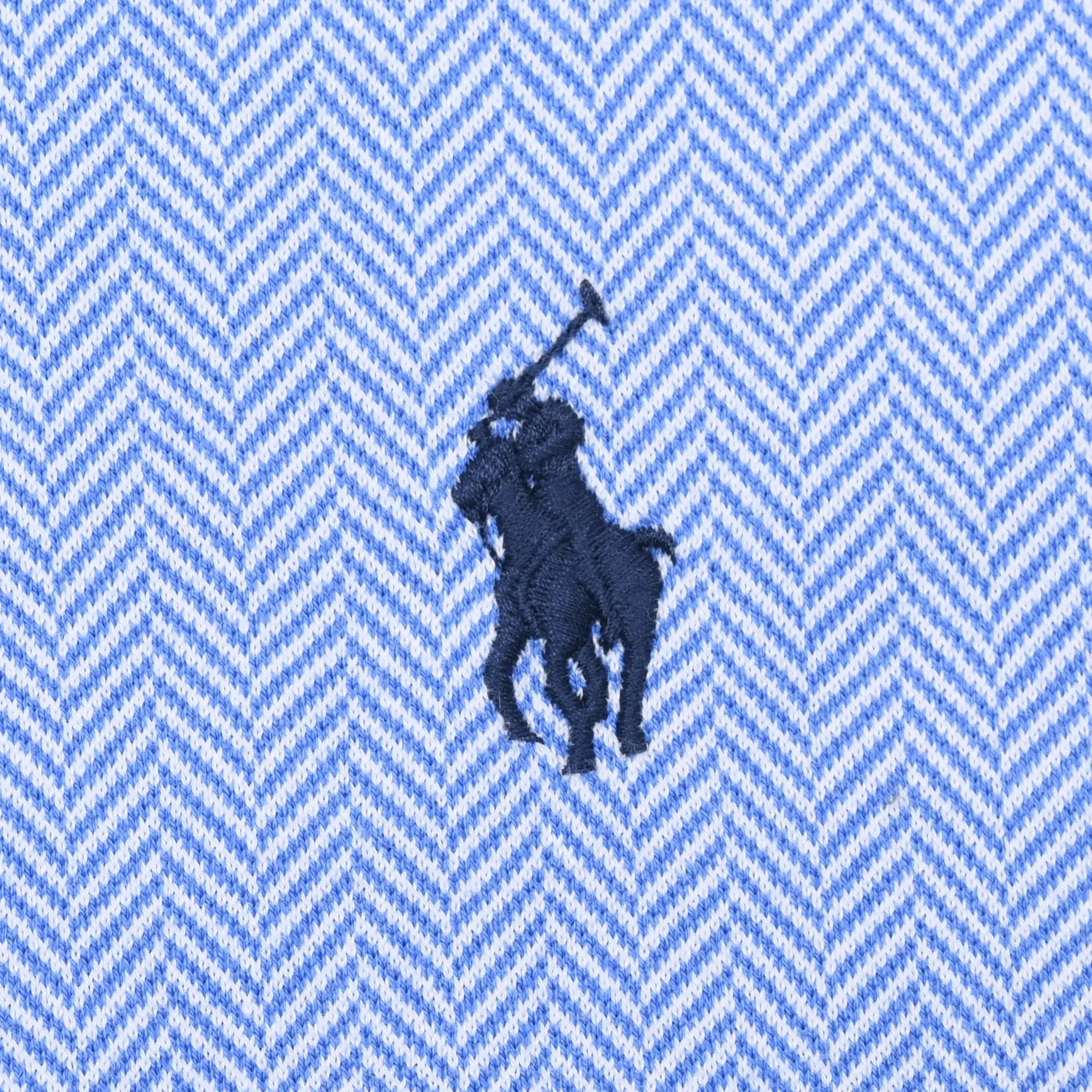 Navy Polo Ralph Lauren pony embroidery on light blue patterned fabric