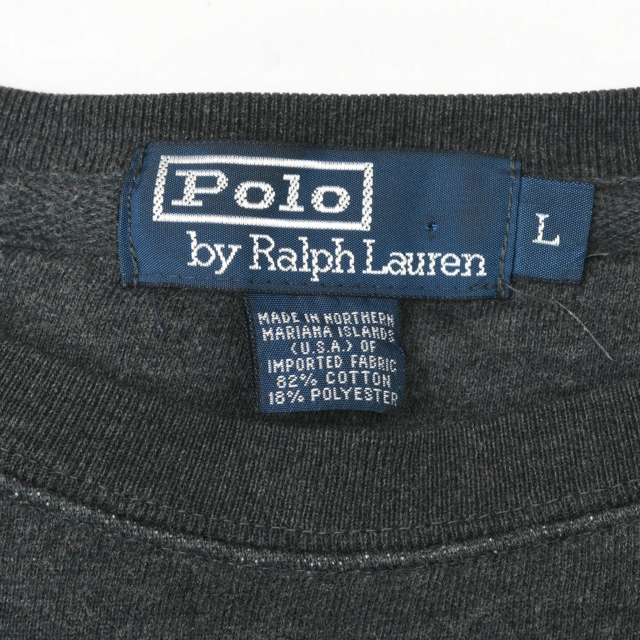 Polo by Ralph Lauren neck label and large size tag inside dark grey sweatshirt