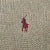 Close-up of burgundy Polo pony embroidery on sage green knit fabric