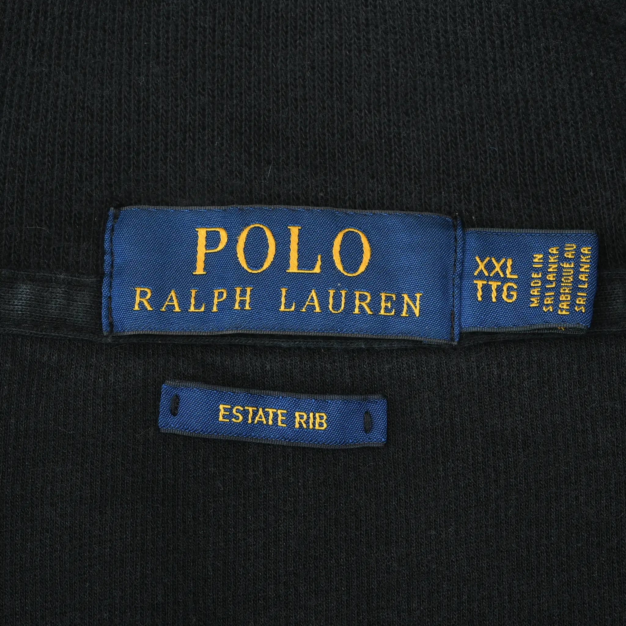 Polo Ralph Lauren XXL neck label and Estate Rib tag inside black sweater