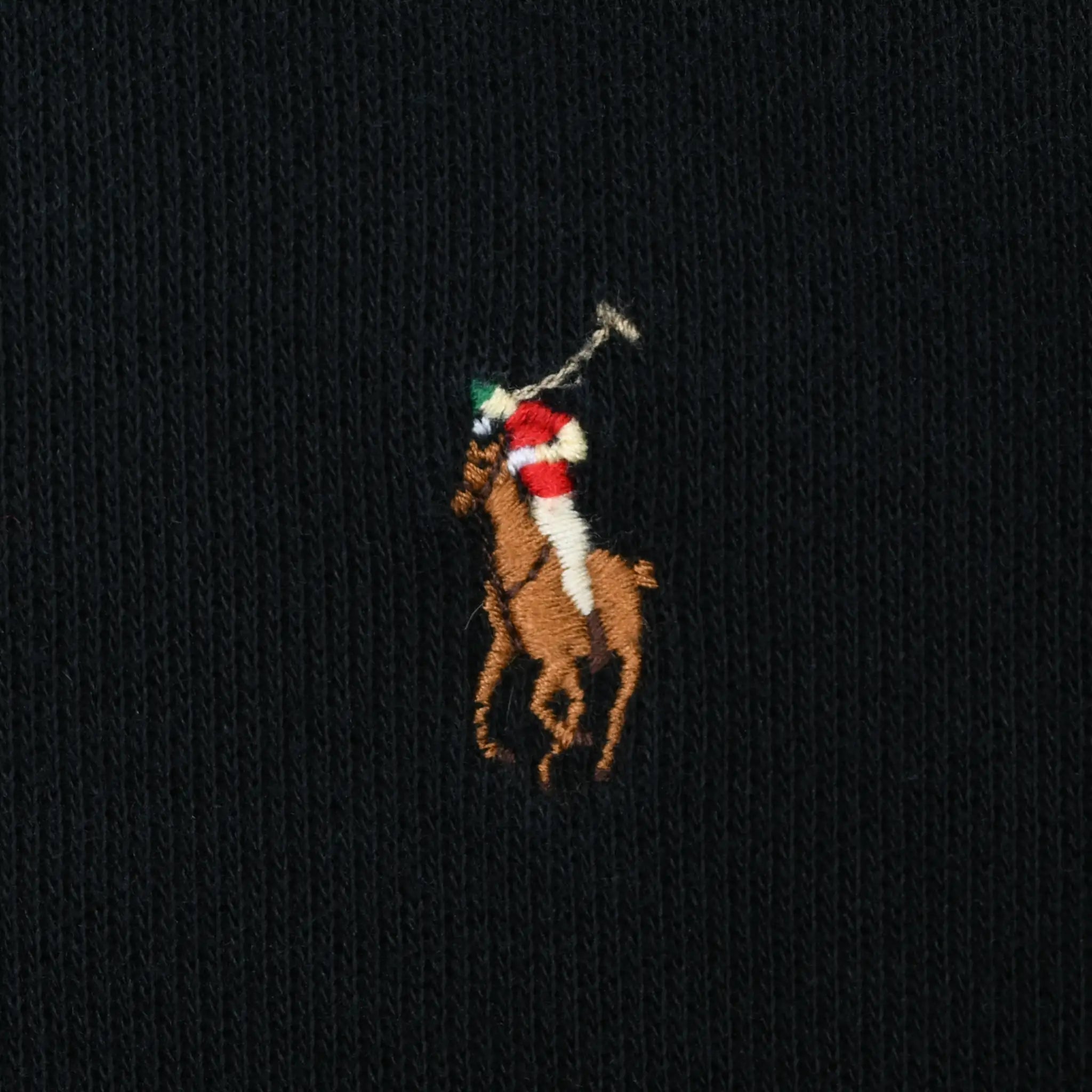 Close-up of multicolor Polo pony embroidery on black sweater