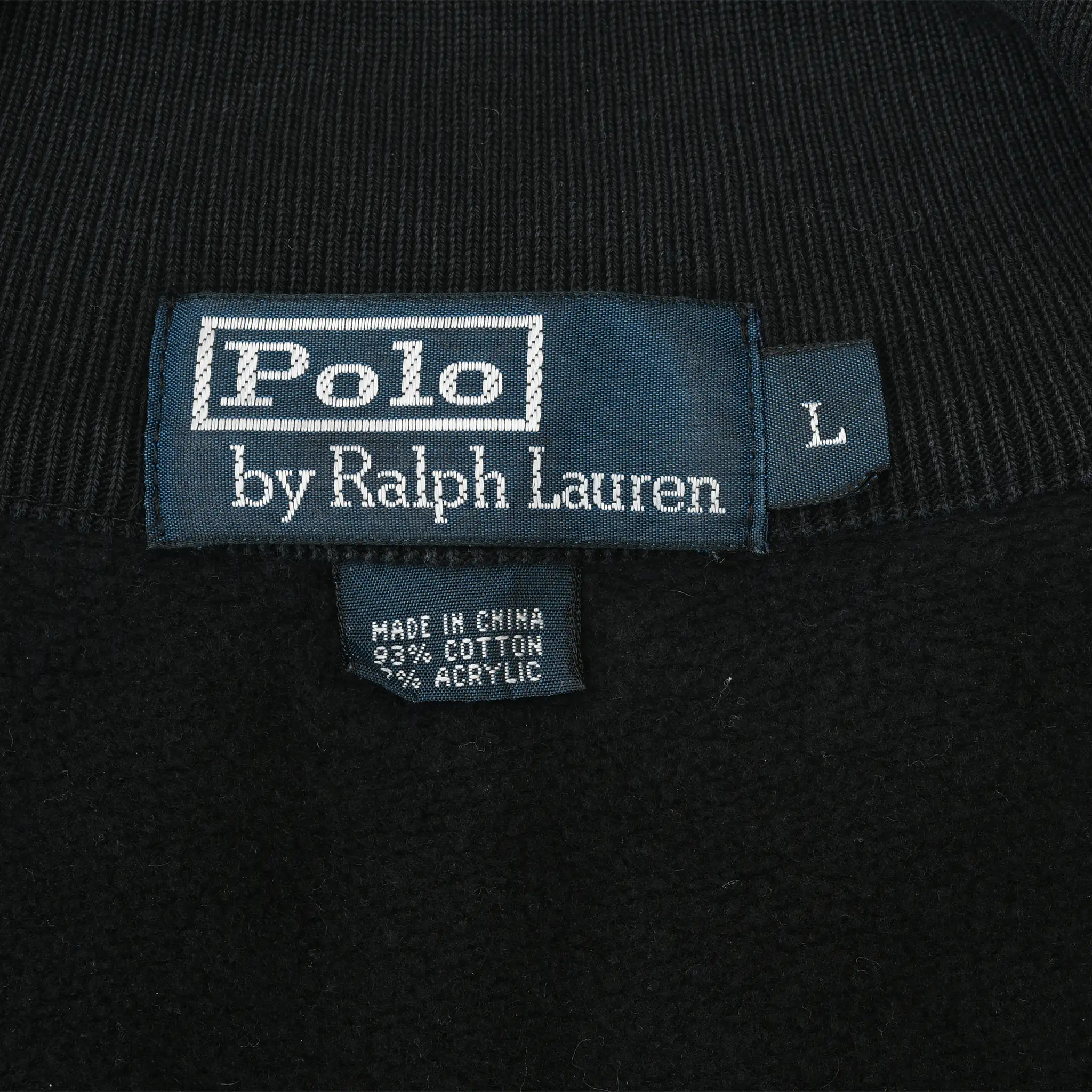 Polo by Ralph Lauren neck label and size L tag inside black sweatshirt
