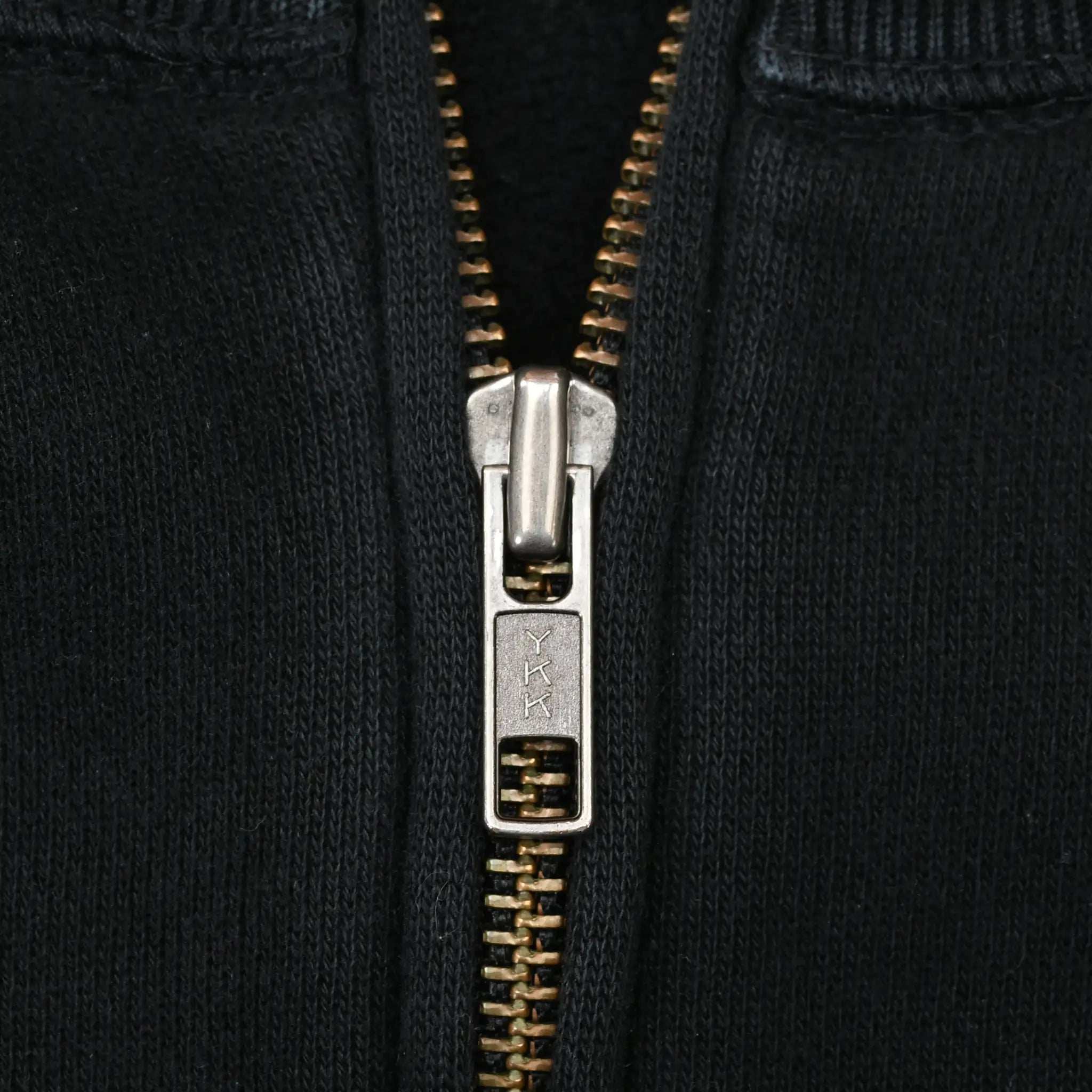 Close-up of YKK metal quarter-zip closure on black Polo Ralph Lauren sweatshirt