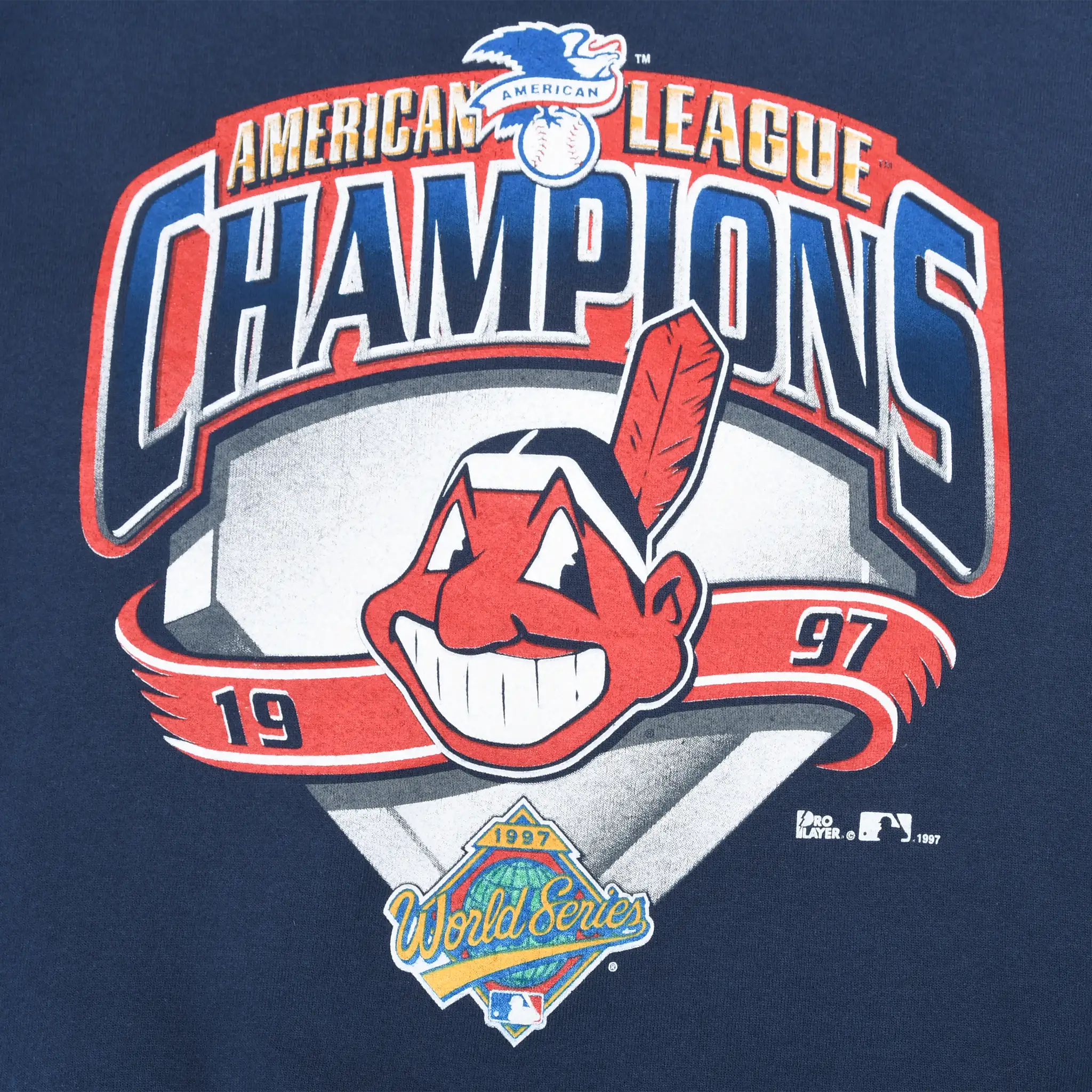 Close-up of Cleveland Indians 1997 American League Champions and World Series chest graphic