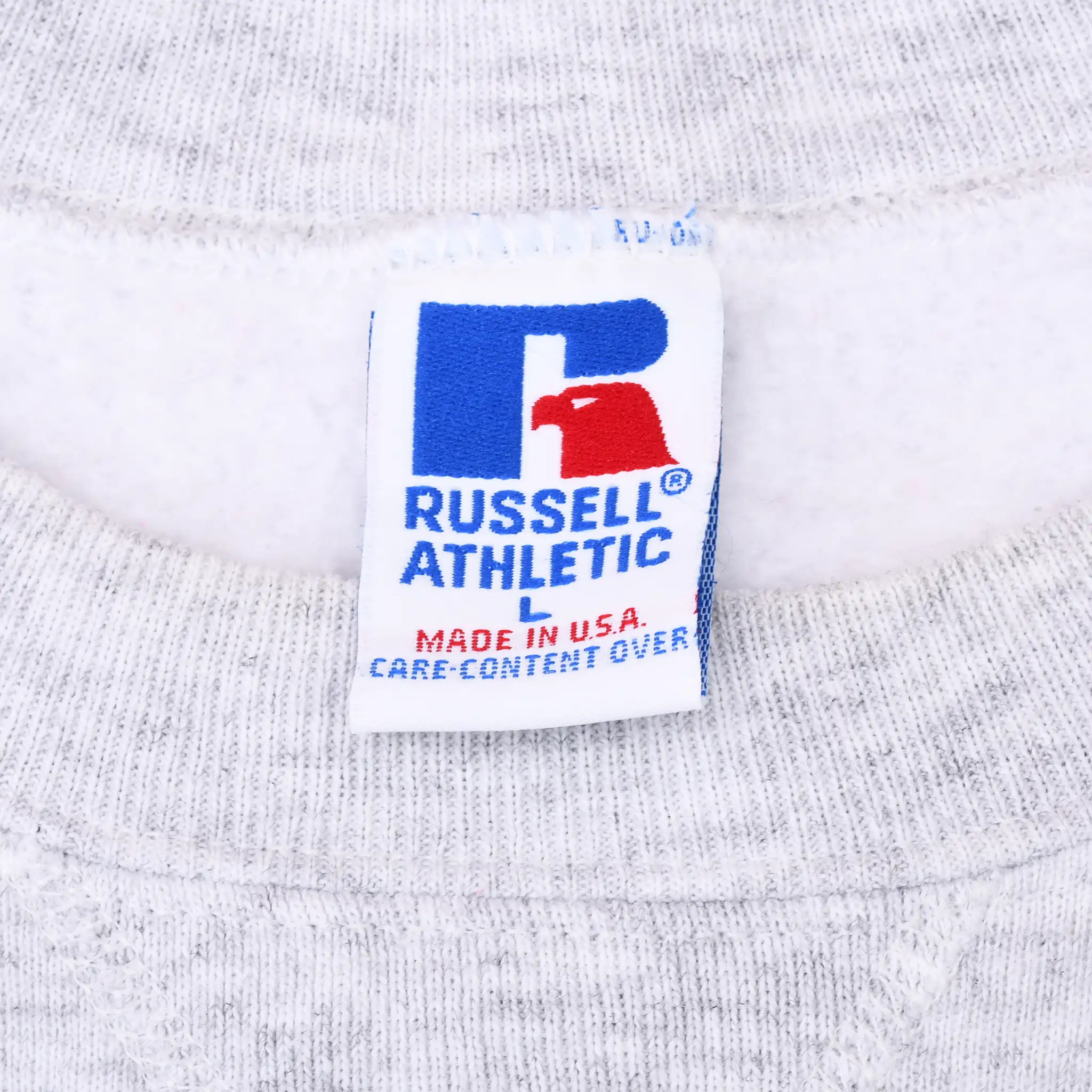 Russell Athletic Made in USA neck label inside gray sweatshirt