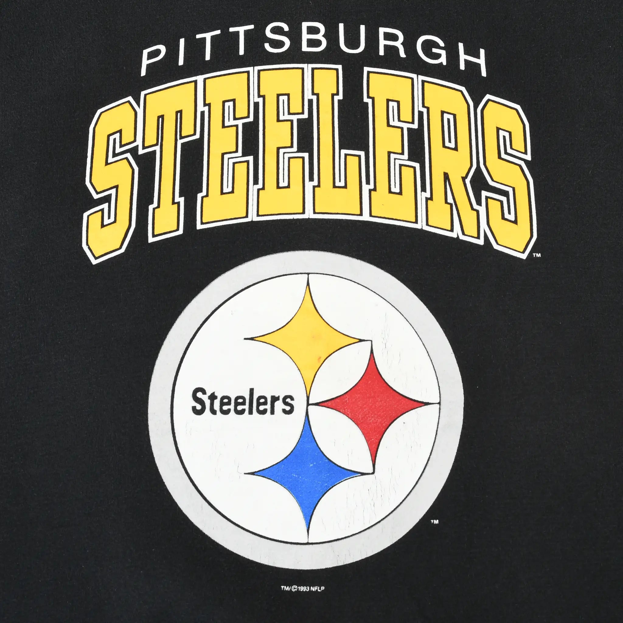 Close-up of Pittsburgh Steelers name and multicolor team logo graphic