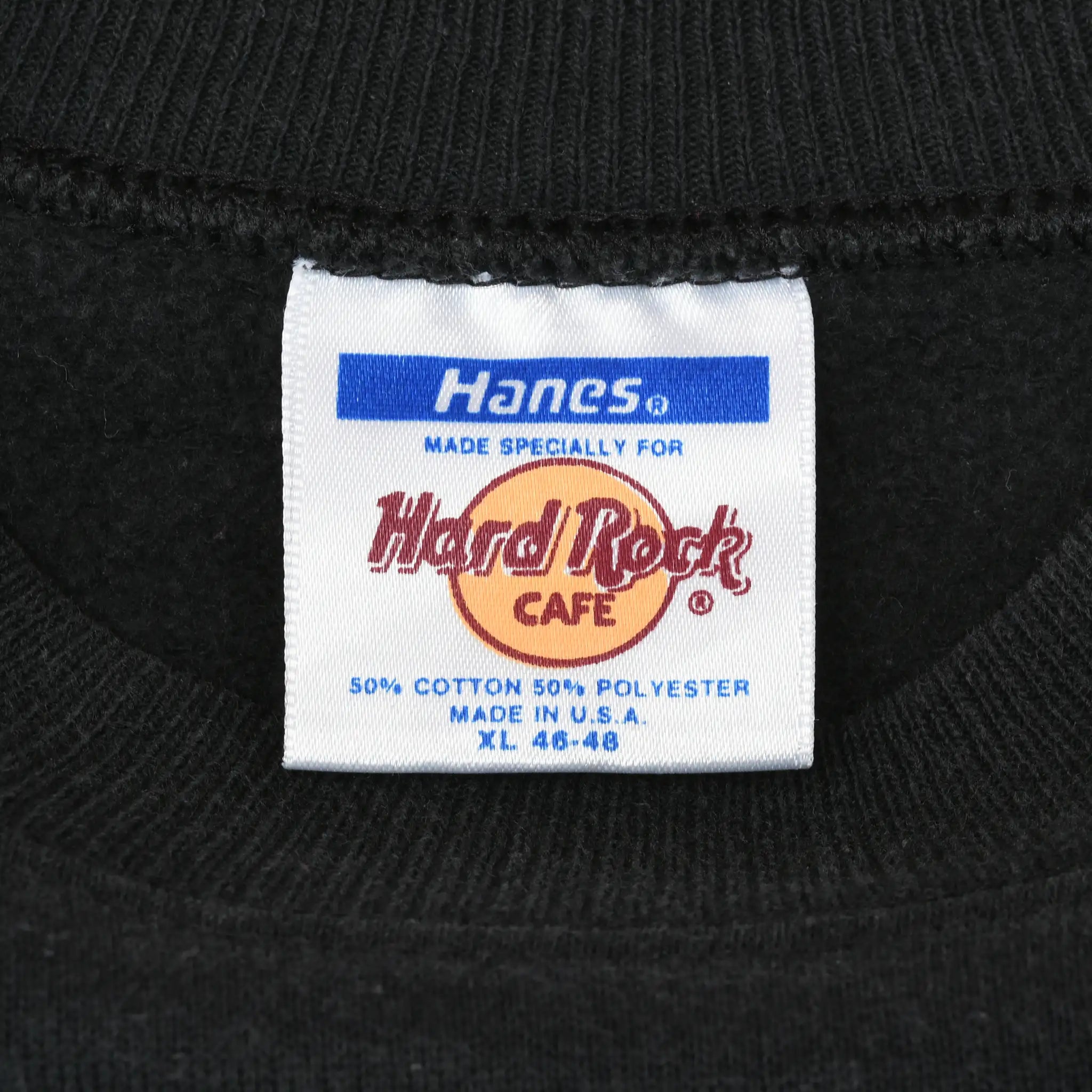 Hanes label made specially for Hard Rock Cafe inside black sweatshirt collar