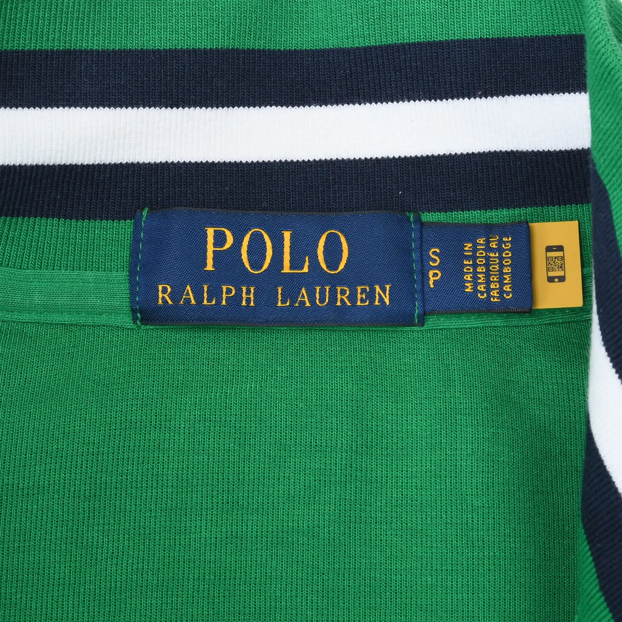 Polo Ralph Lauren neck label showing size small on green sweater