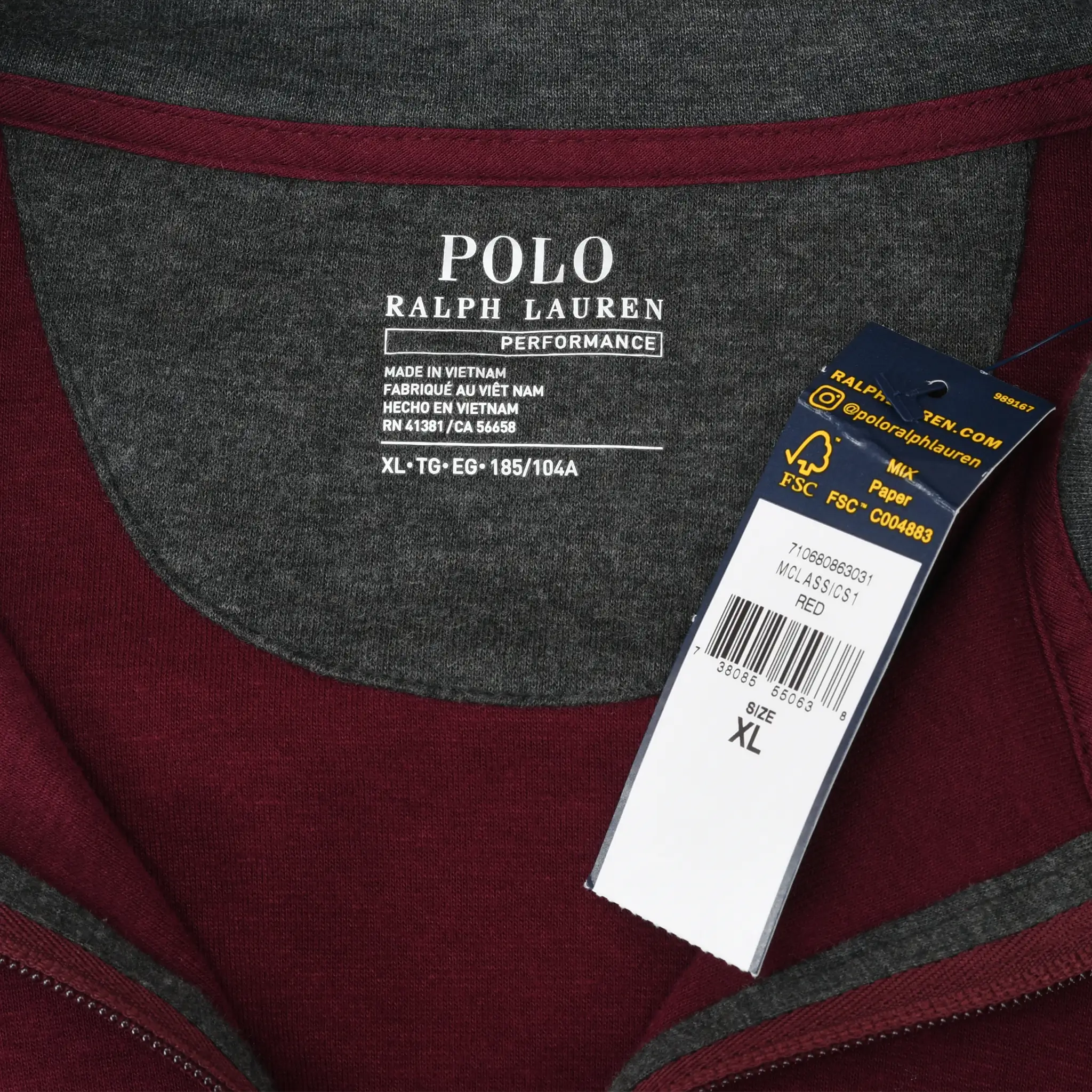 Polo Ralph Lauren Performance neck label and size XL hang tag