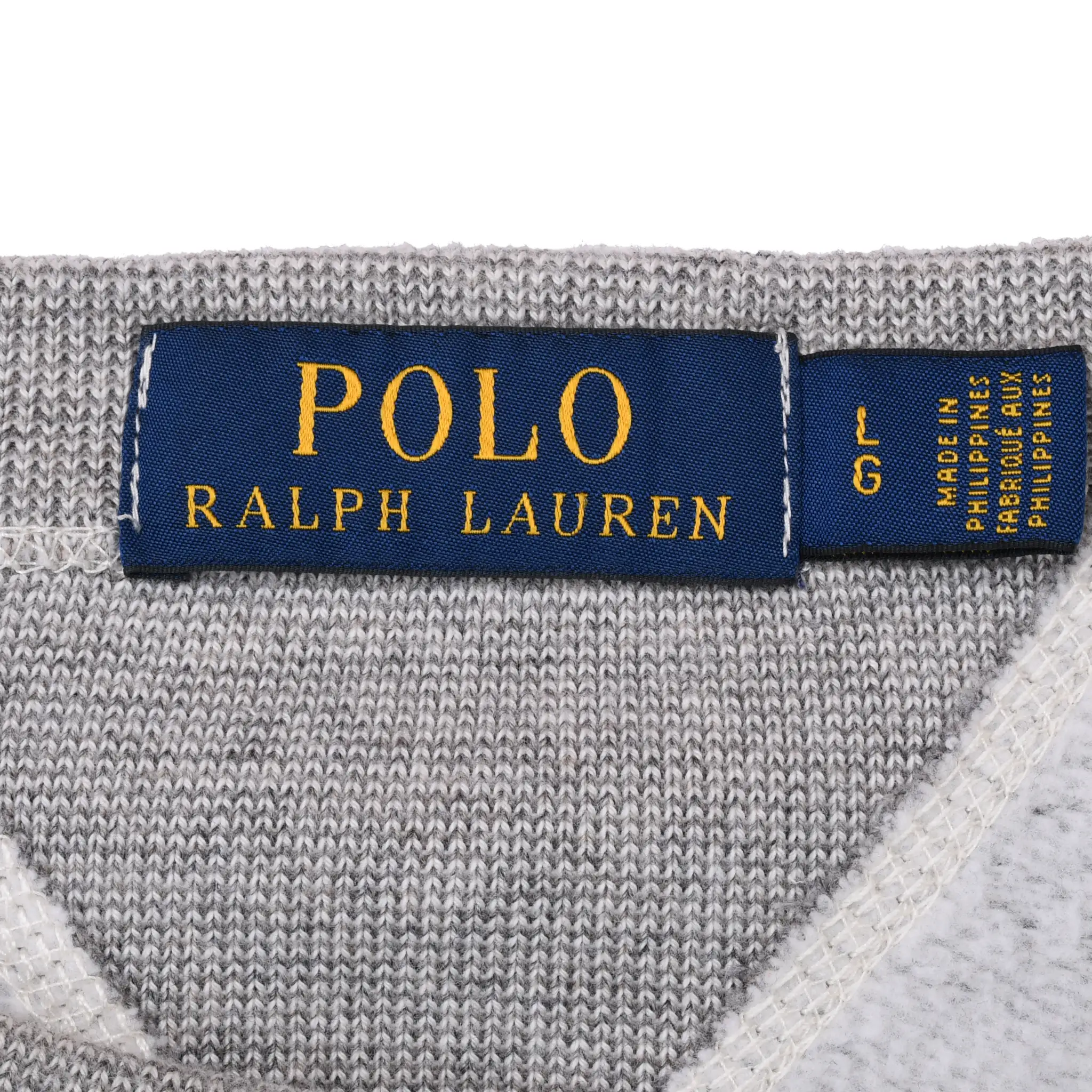 Polo Ralph Lauren neck label and large size tag inside grey sweatshirt