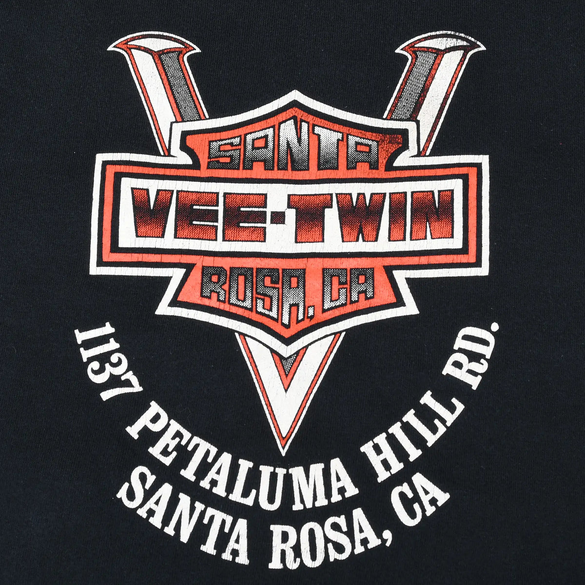 Close-up of Santa Rosa Vee-Twin back print with Petaluma Hill Road address