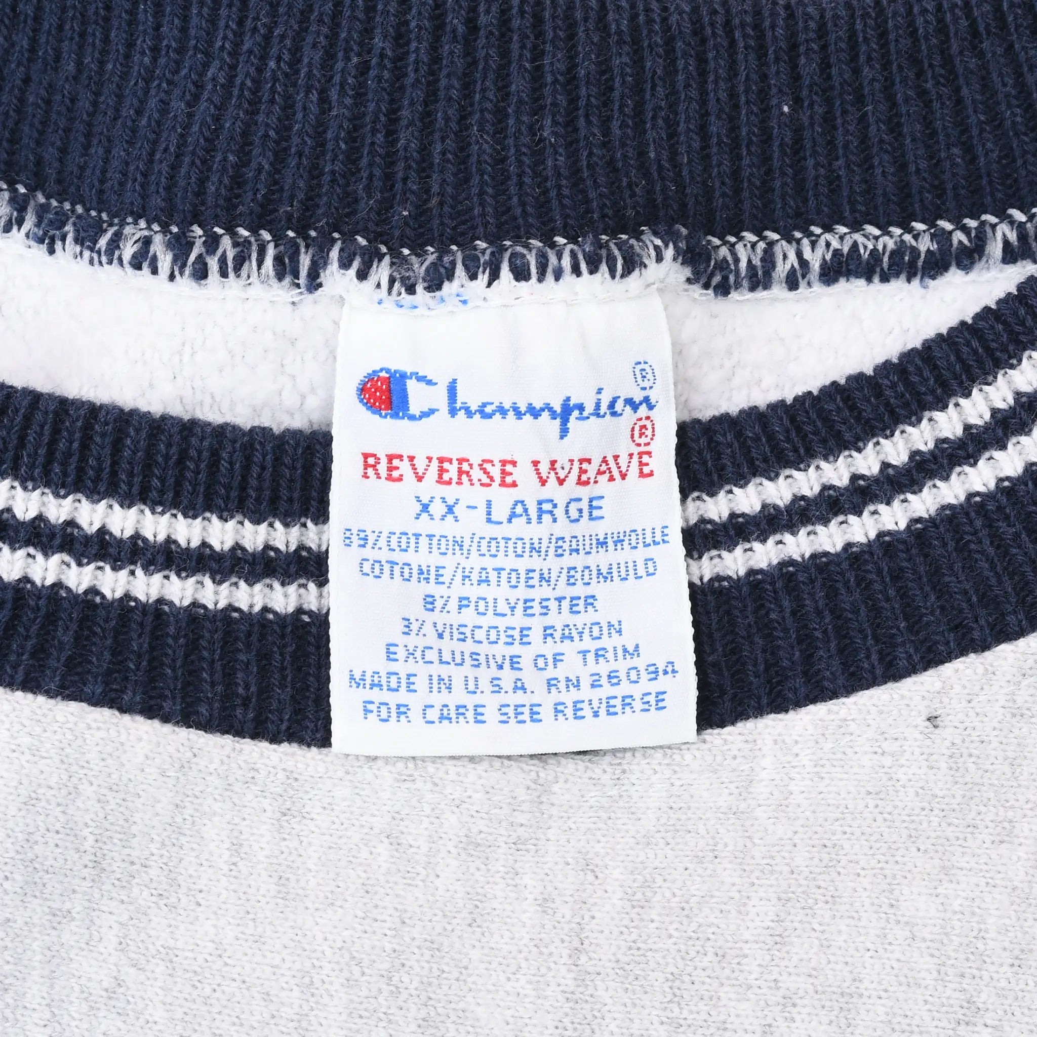 Champion Reverse Weave XL neck tag and navy striped collar detail