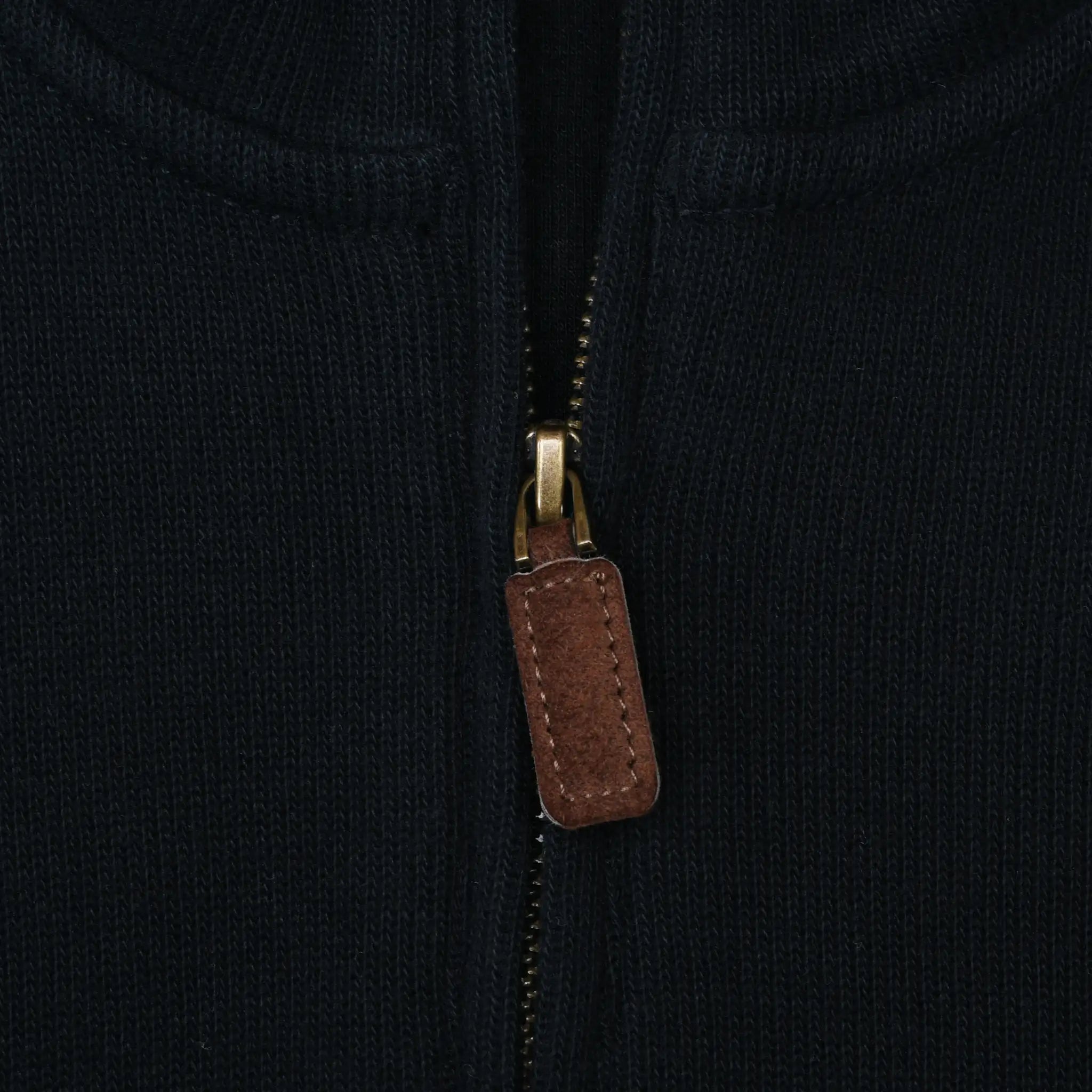 Close-up of quarter-zip closure with brown pull on black Polo Ralph Lauren sweater