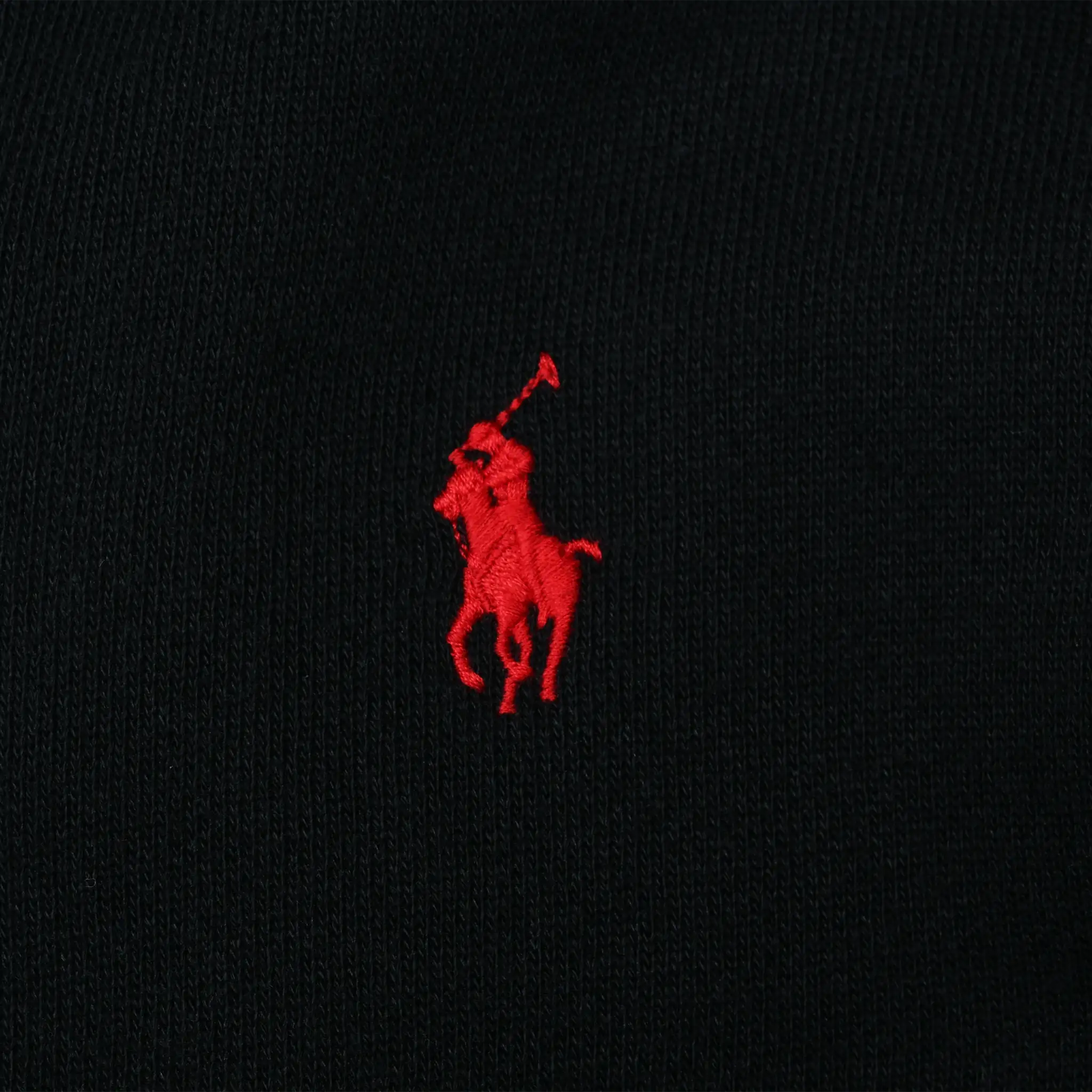 Close-up of red Polo pony embroidery on black hoodie