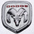 Close-up of silver, black, and red Dodge ram logo patch
