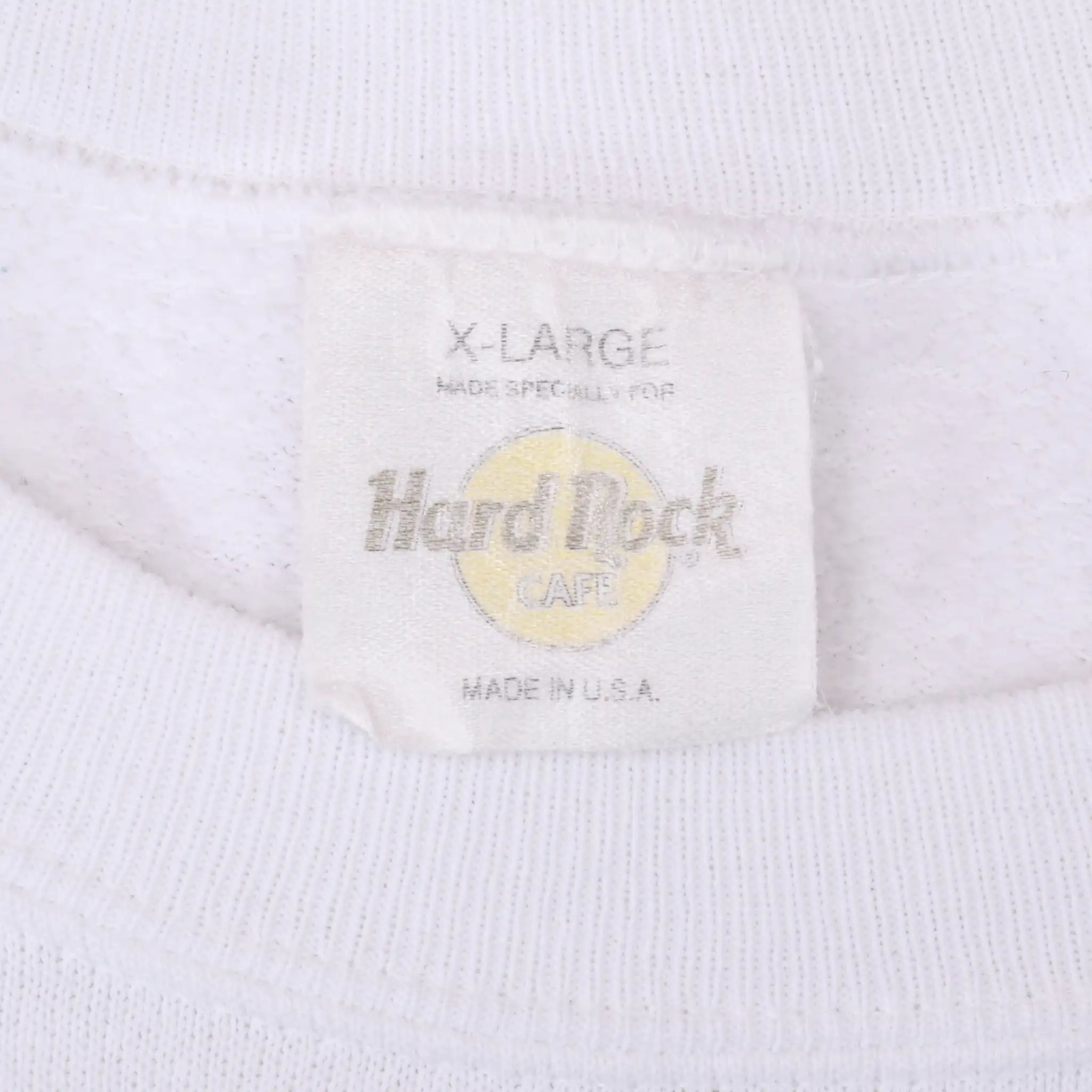 Hard Rock Cafe sweatshirt neck tag marked X-Large and Made in U.S.A.